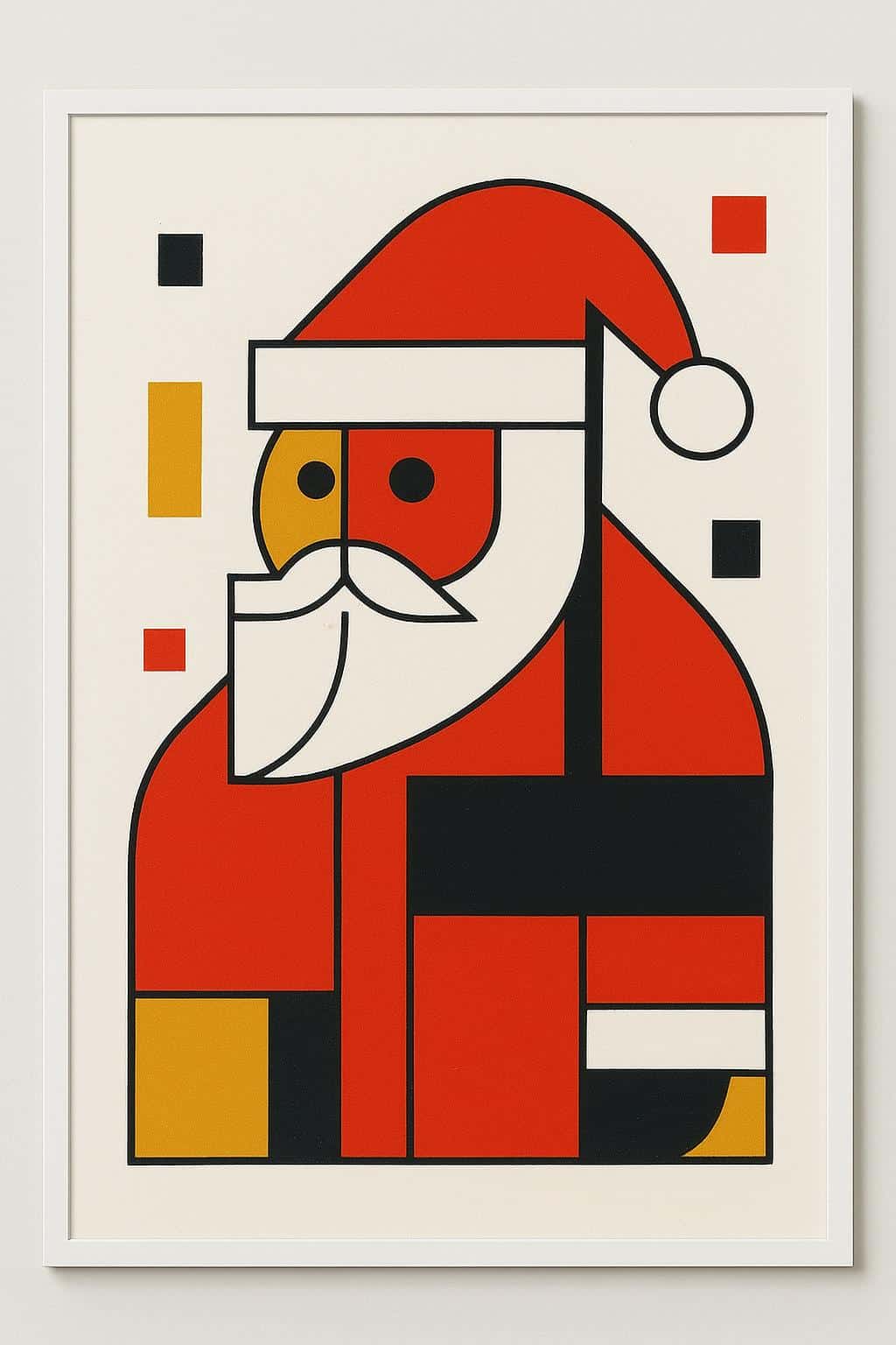 Santa in bold Bauhaus geometry, reduced to overlapping circles, rectangles and triangles in saturated red, white, charcoal and mustard, stacked into a stylized coat and hat with thin black beard lines, floating primary color blocks, screen-
