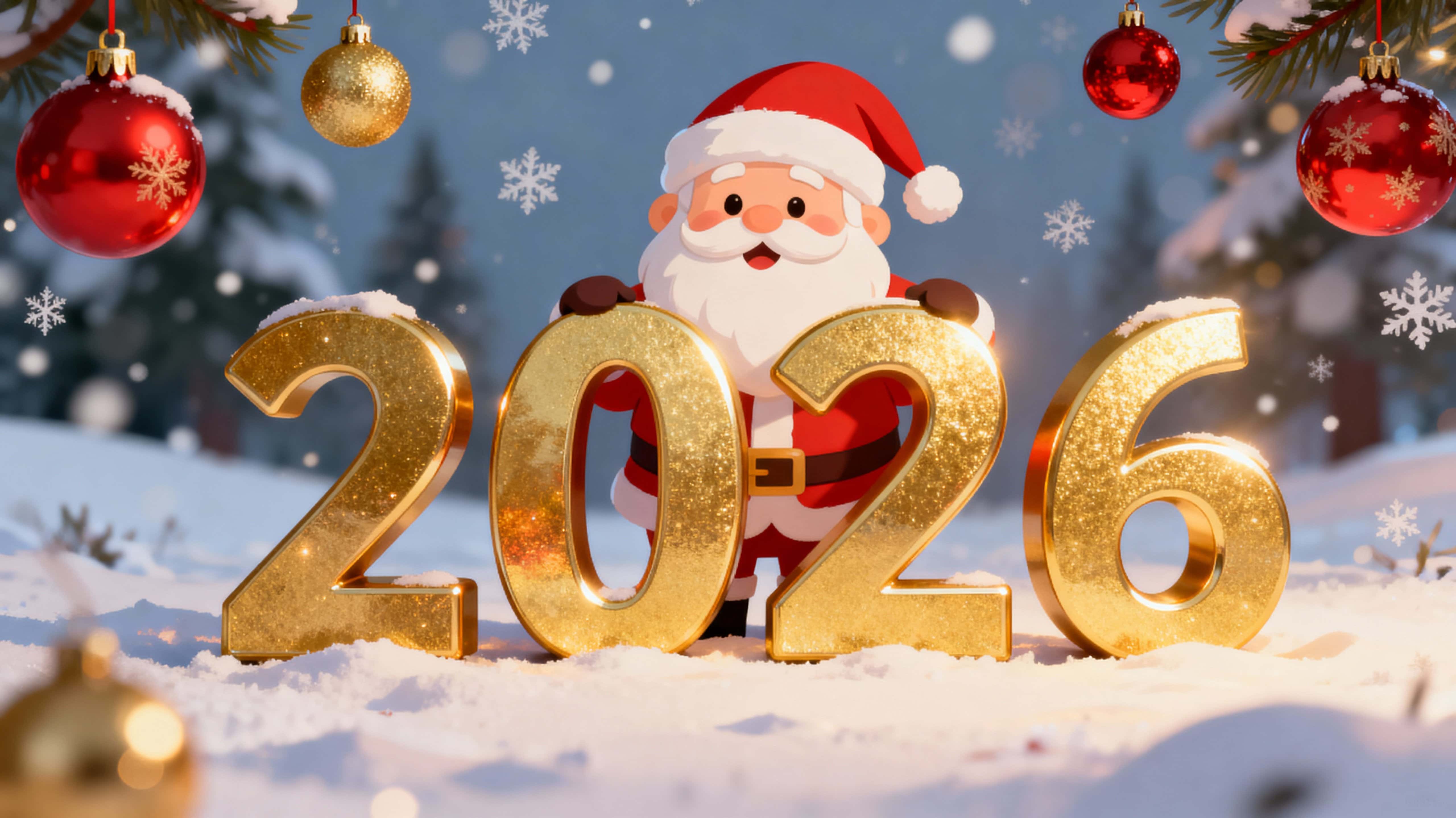 A charming Christmas scene shows a smiling cartoon Santa behind shiny gold 2026 digits, with softly focused snowy trees, gentle falling snowflakes, red-and-gold hanging ornaments, and a warm glow.