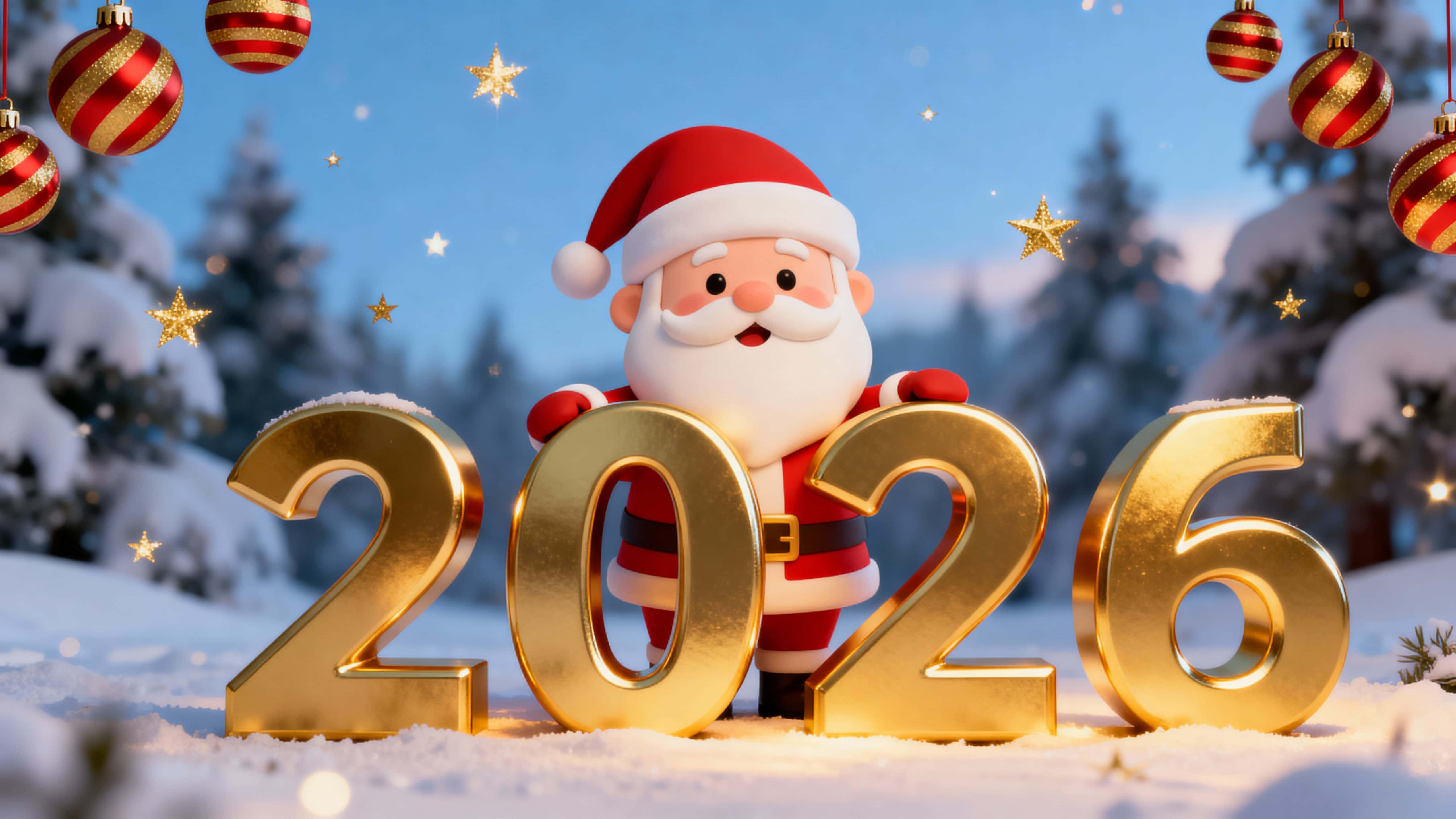 A cute stylized Santa stands proudly behind large golden “2026” numbers amid soft snow-covered trees and floating star sparkles, framed by red-and-gold ornaments.