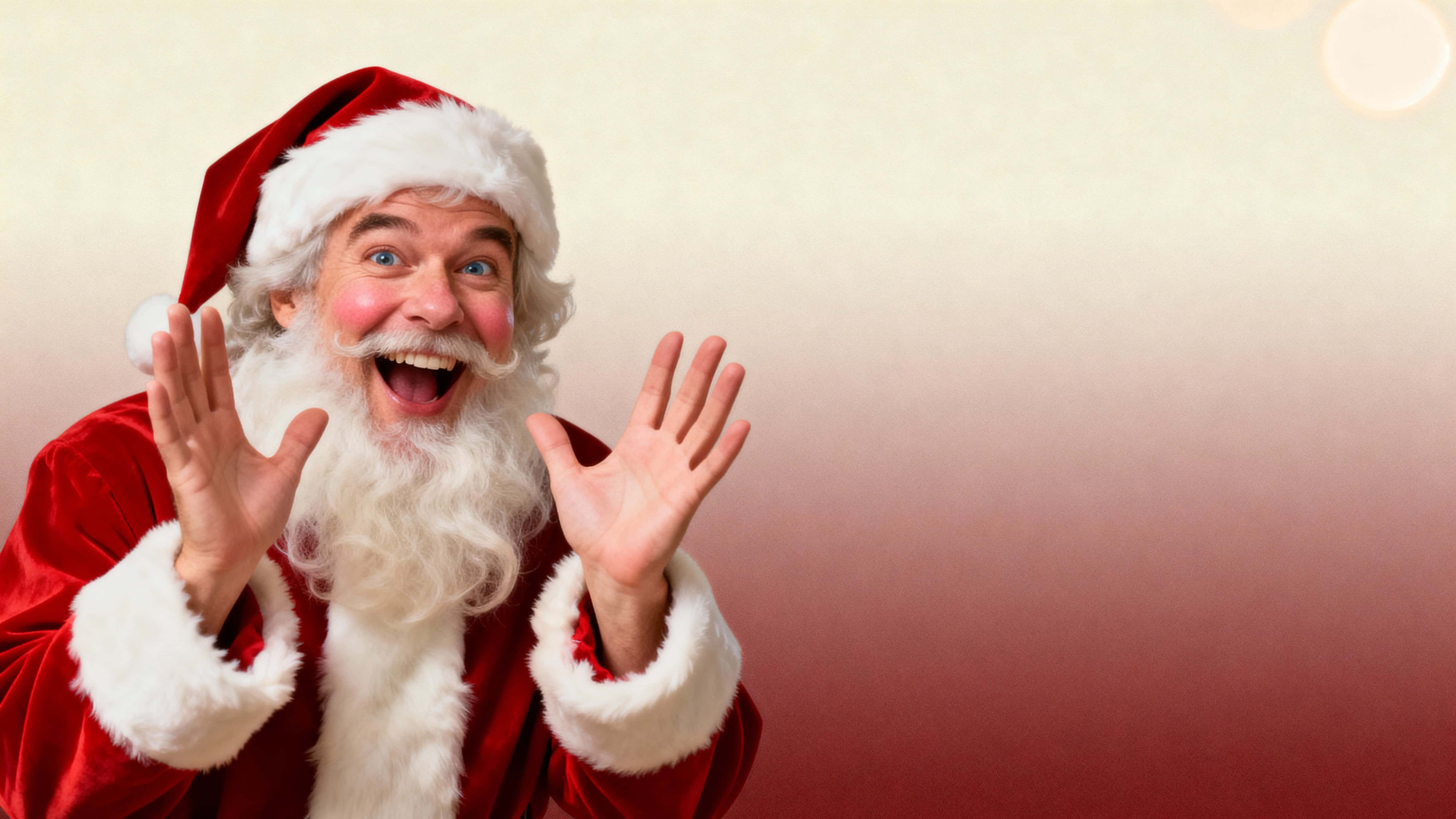 Chest-up editorial holiday portrait of Santa on the left, leaning forward laughing with hands in a ta‑da gesture against a seamless gradient from soft cream to muted dusty red, minimal backdrop.