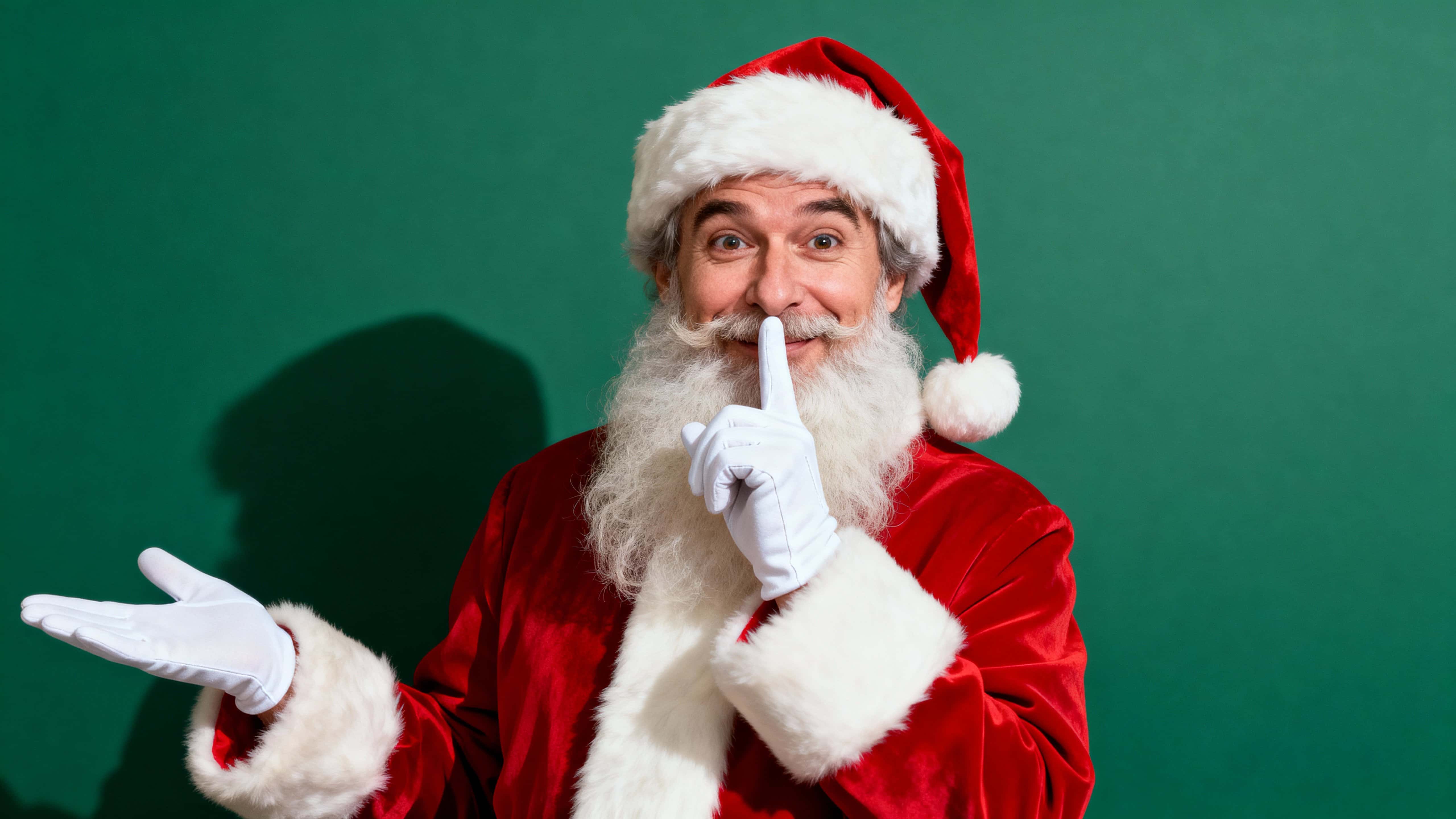 Cozy, intimate chest-up portrait of Santa angled right with a playful “shh” gesture, red suit and neat beard set against a smooth evergreen gradient background.