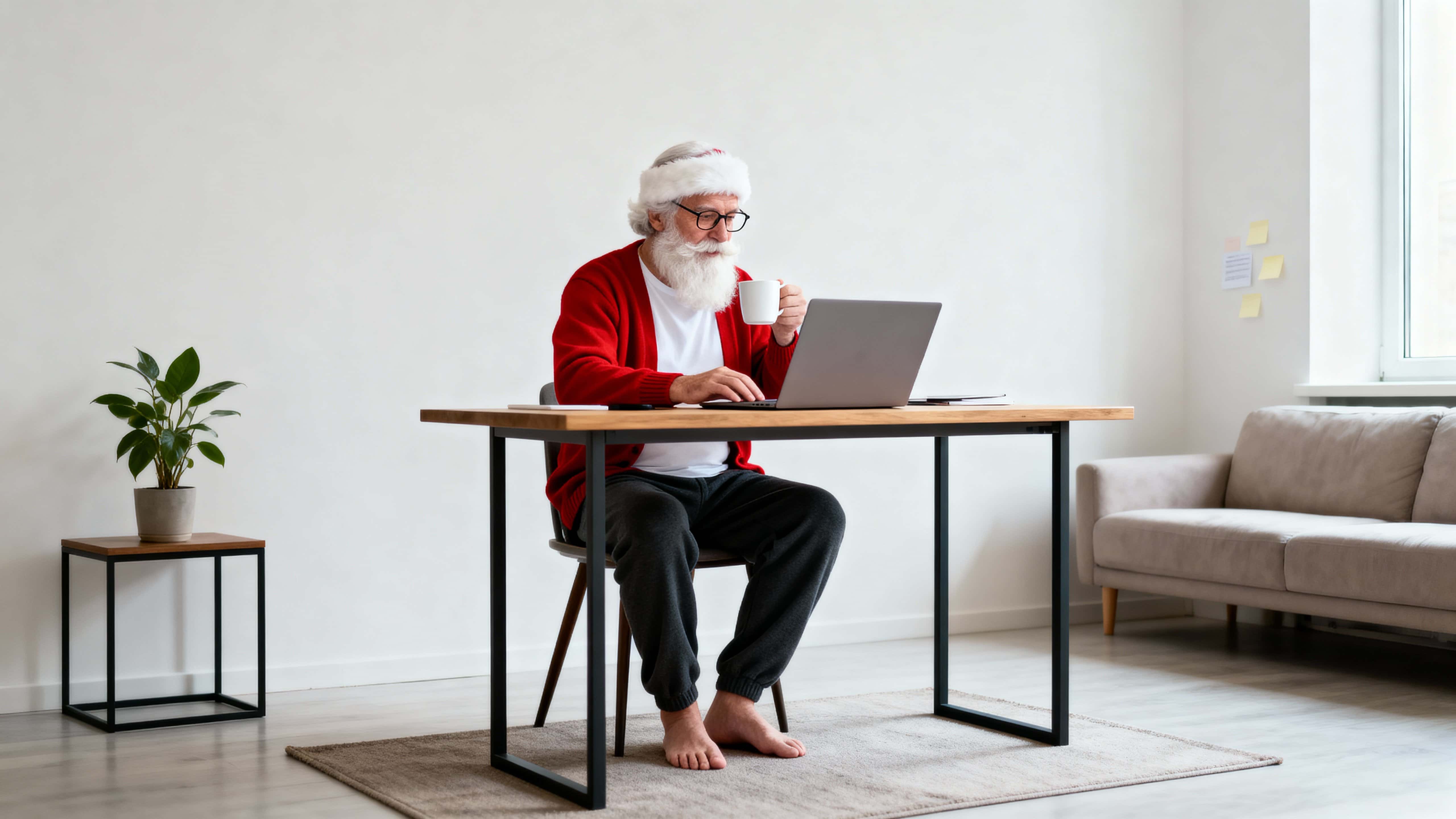 Santa Claus, an older white man with a full white beard and glasses, works remotely in a bright, cozy home office—barefoot at a slim wooden desk with a laptop and mug.