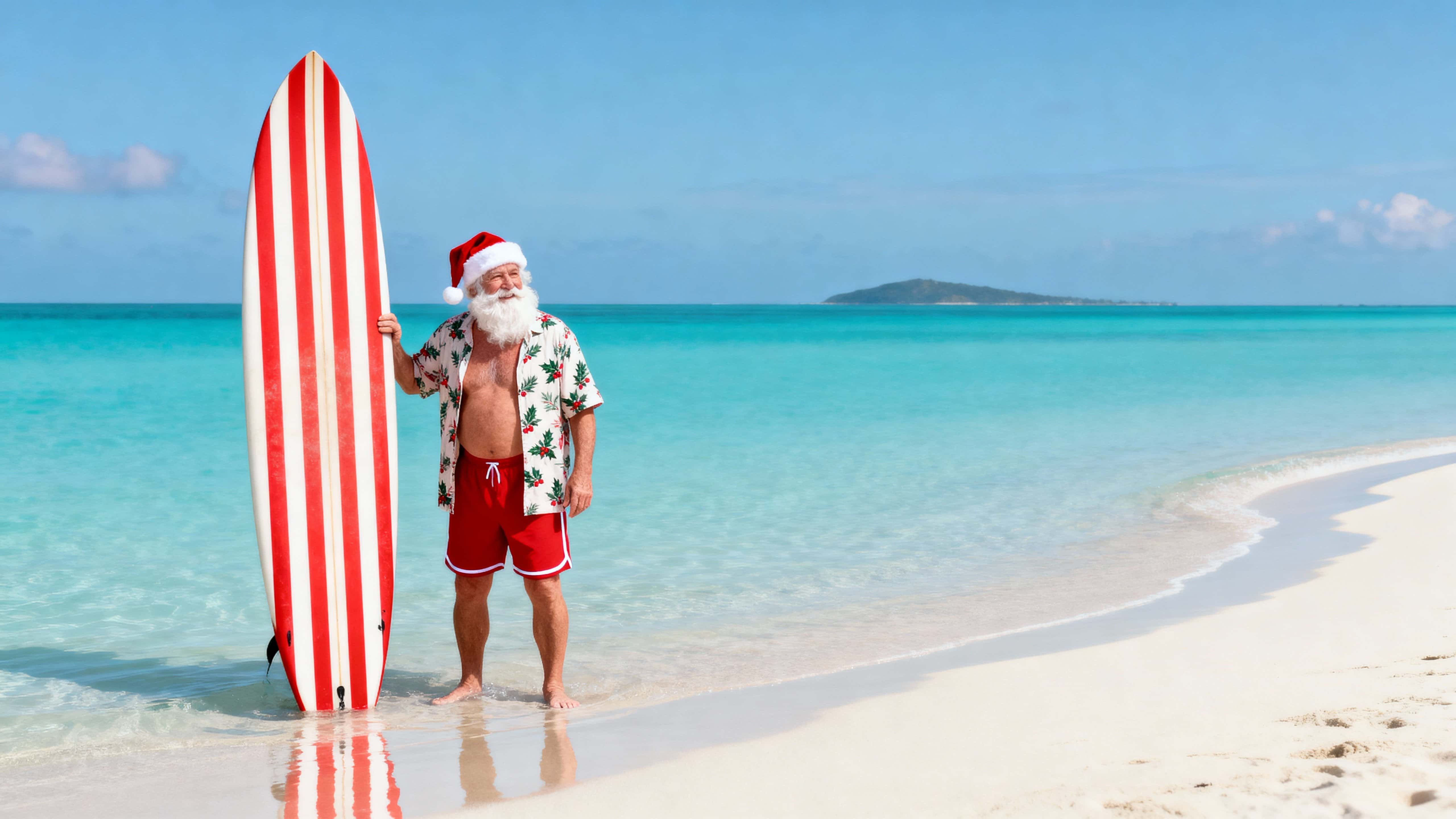 A bright, playful beach portrait of Santa Claus as an older white surfer standing ankle-deep at a calm turquoise shoreline, holding a red-and-white striped surfboard and smiling against pale sand and a distant island.