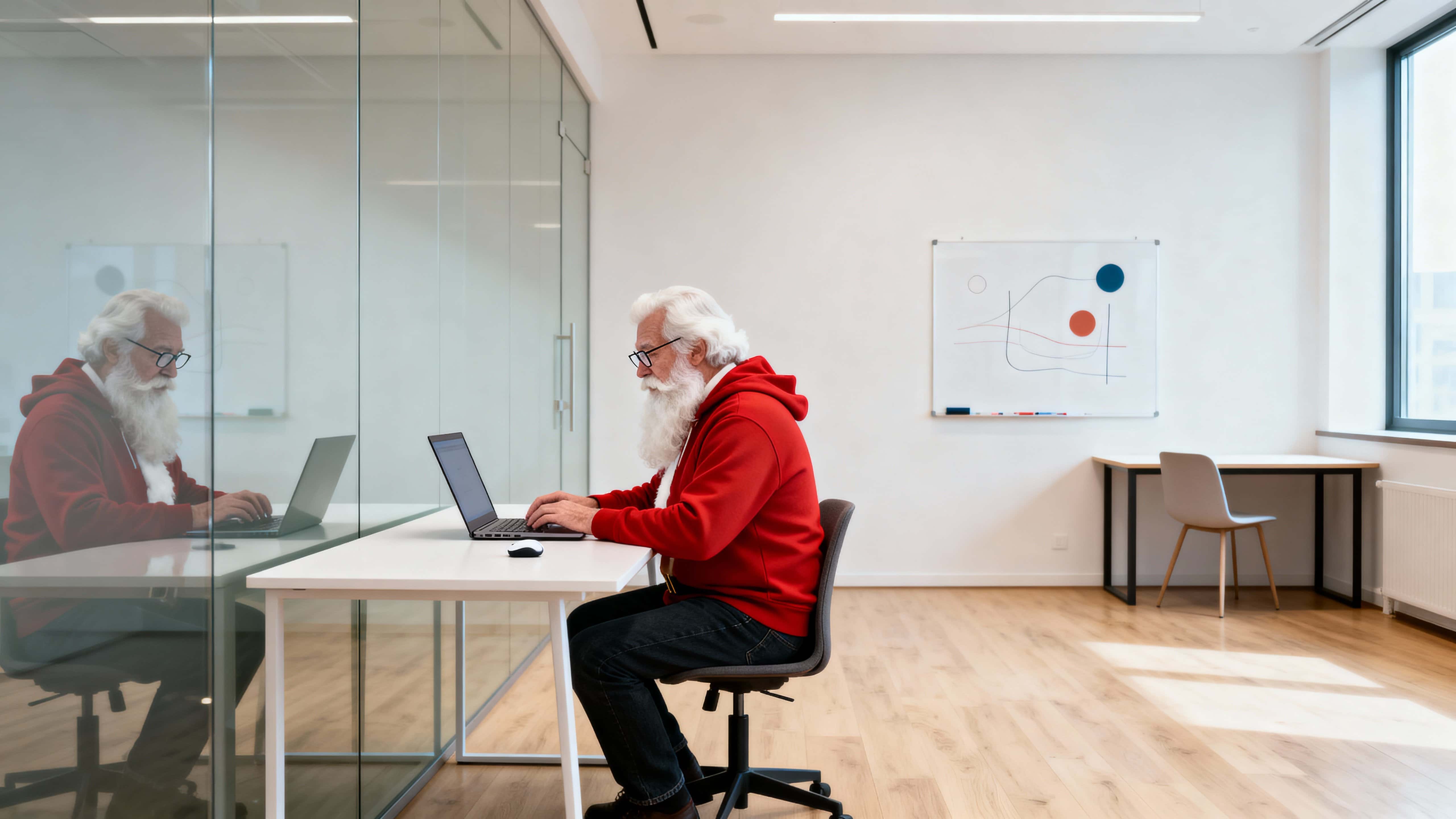 Profile view of Santa Claus as a focused app developer in a bright modern co-working space, typing at a slim white desk with a laptop, hoodie, glass wall and pale wooden floor.