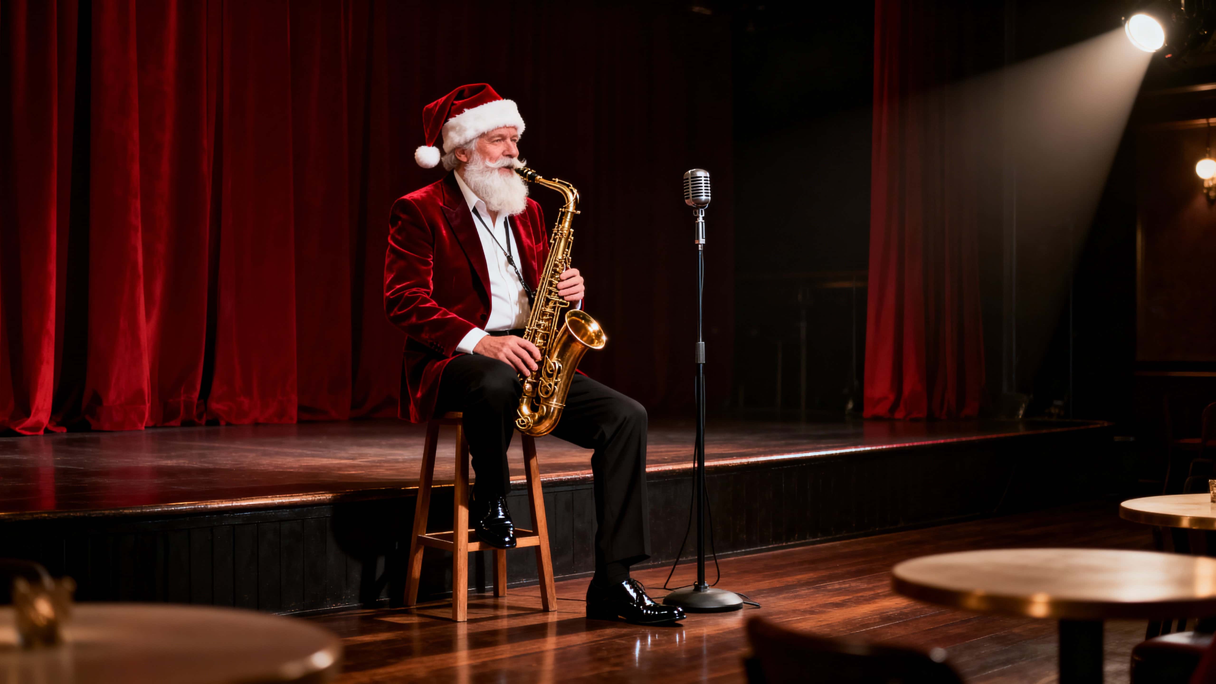 A polished, minimal advertising image of Santa Claus as a refined jazz musician on a low-stage wooden stool with a golden saxophone, deep red curtain, and warm spotlight.