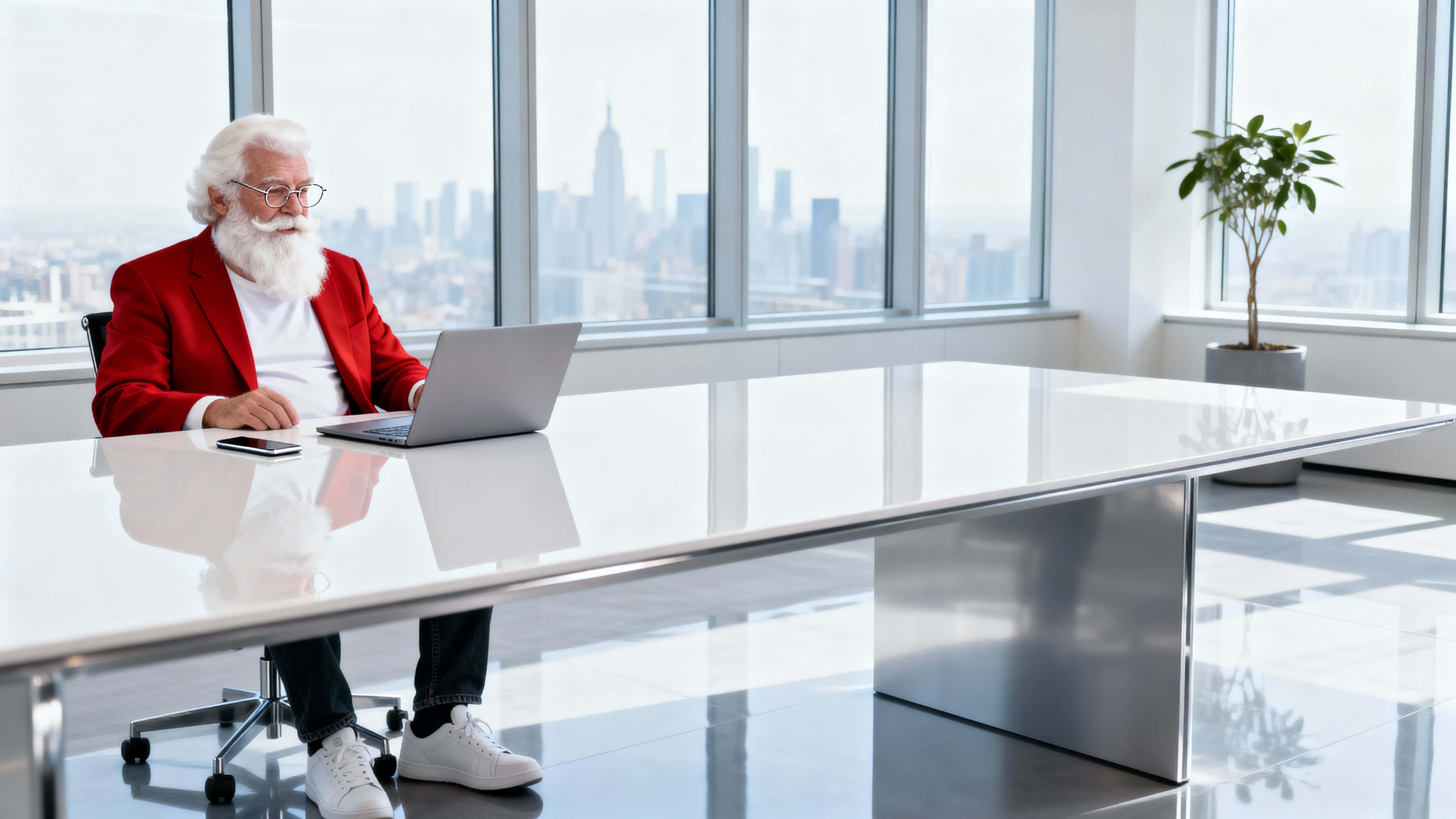 Santa Claus as a minimalist tech entrepreneur: an older white man with white beard and glasses in a red blazer seated at a white table with a thin laptop and plant before a soft city skyline.