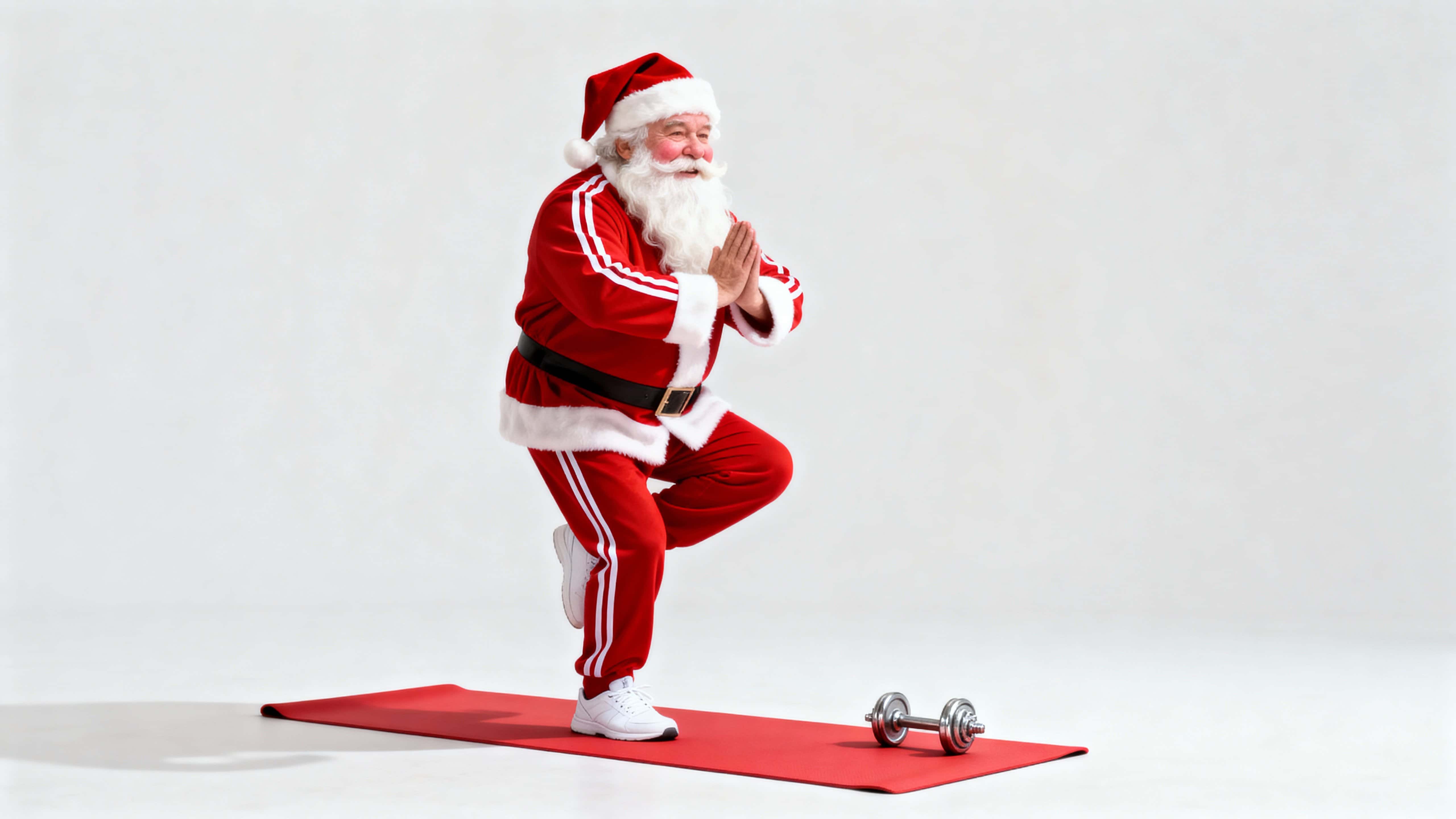 A humorous minimalist advertising image of Santa Claus — a jolly older man in a sporty red suit and white sneakers — unsteadily holding a yoga tree pose on a red mat against a bright seamless backdrop.