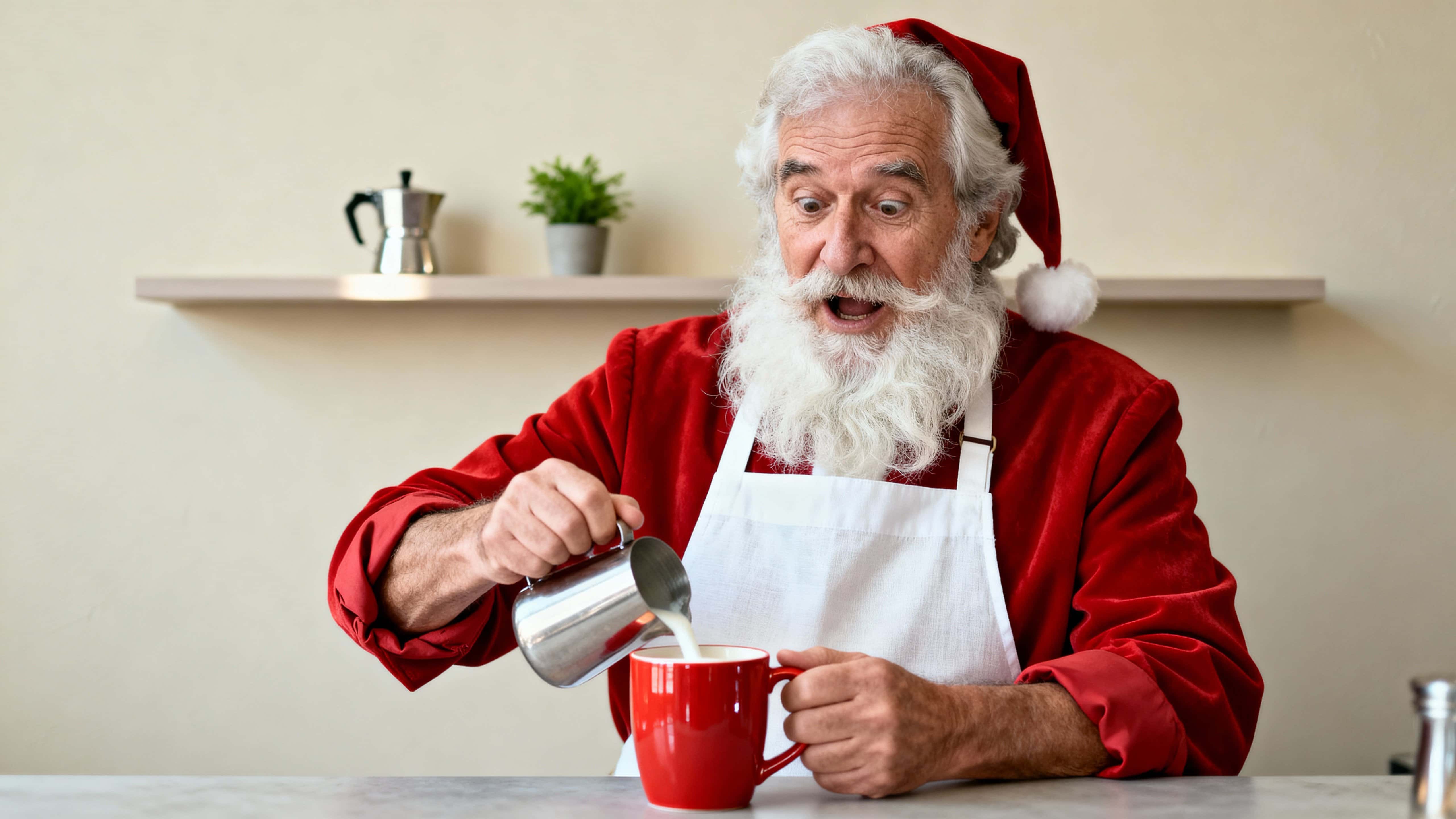 Mid-shot photoreal image of Santa clumsily foaming milk in an oversized red mug behind a minimalist coffee bar, warm, playful commercial mood, lots of negative space.