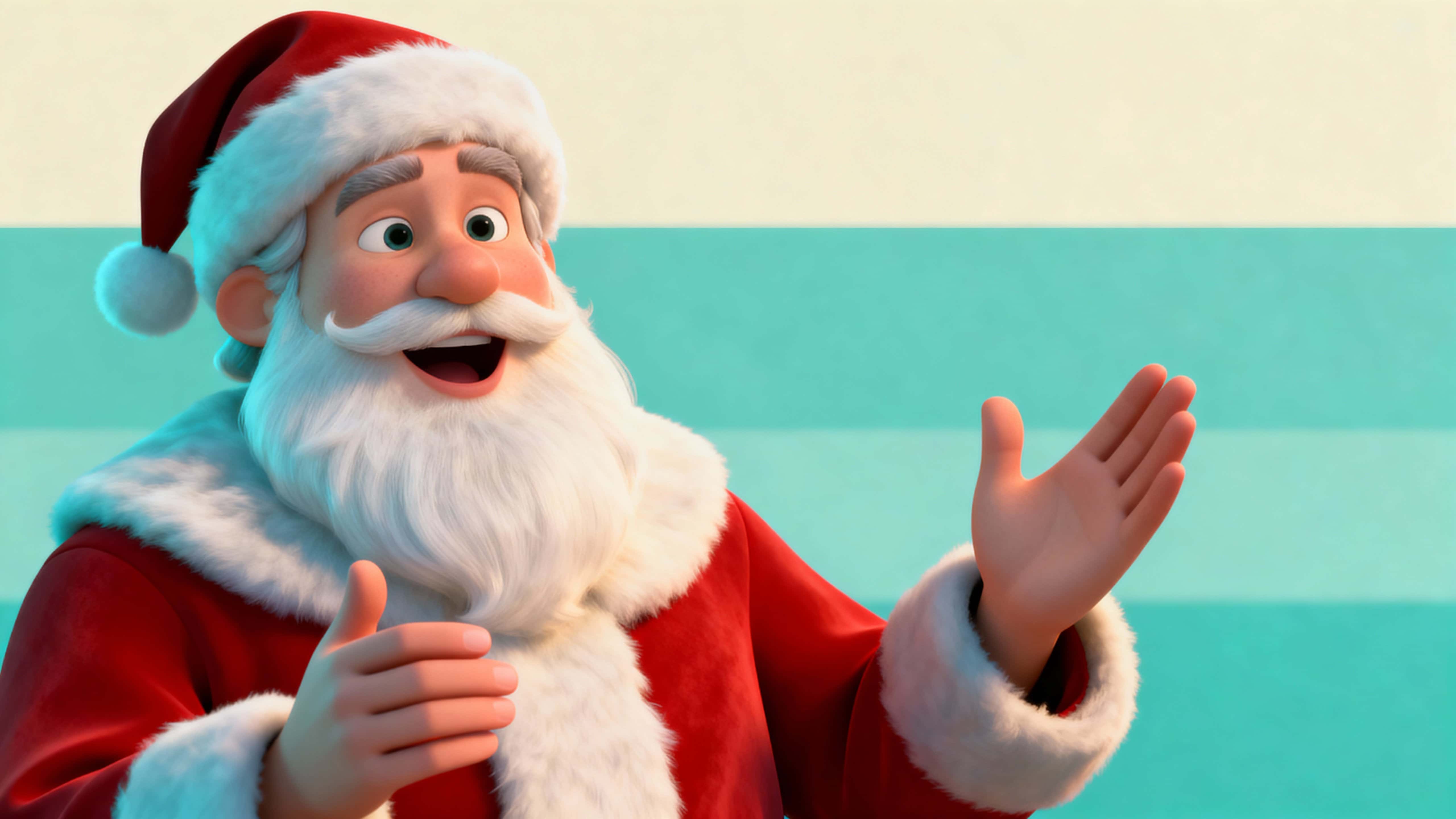 Cinematic chest-up portrait of Santa Claus on the left, mid-sentence with expressive hands, warm front-right highlights and a calm cream-to-teal gradient copy space on the right.