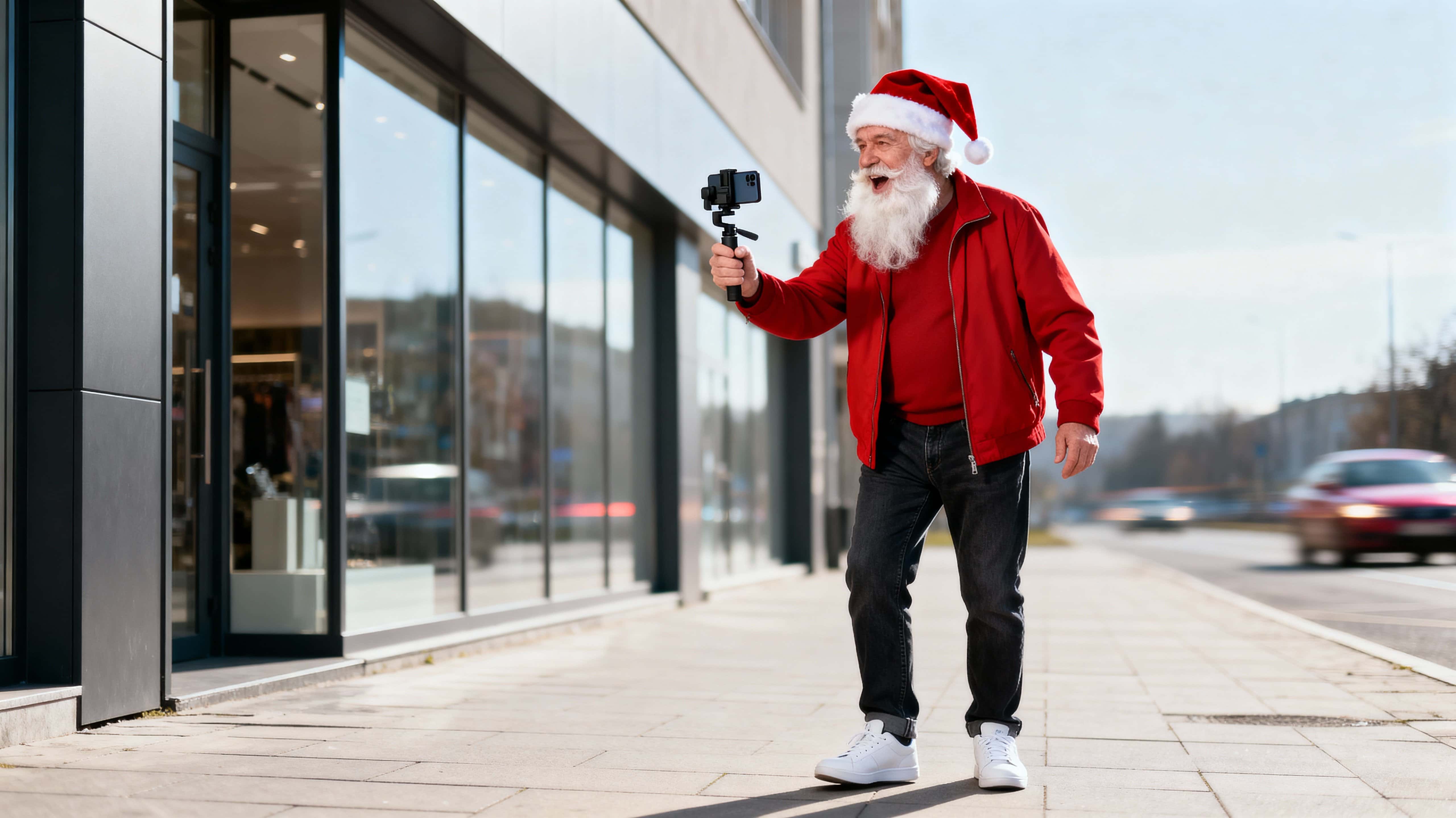 Santa Claus, an older white man with a full white beard and lively expression, films himself as a city vlogger on a quiet urban sidewalk while holding a smartphone stabilizer.