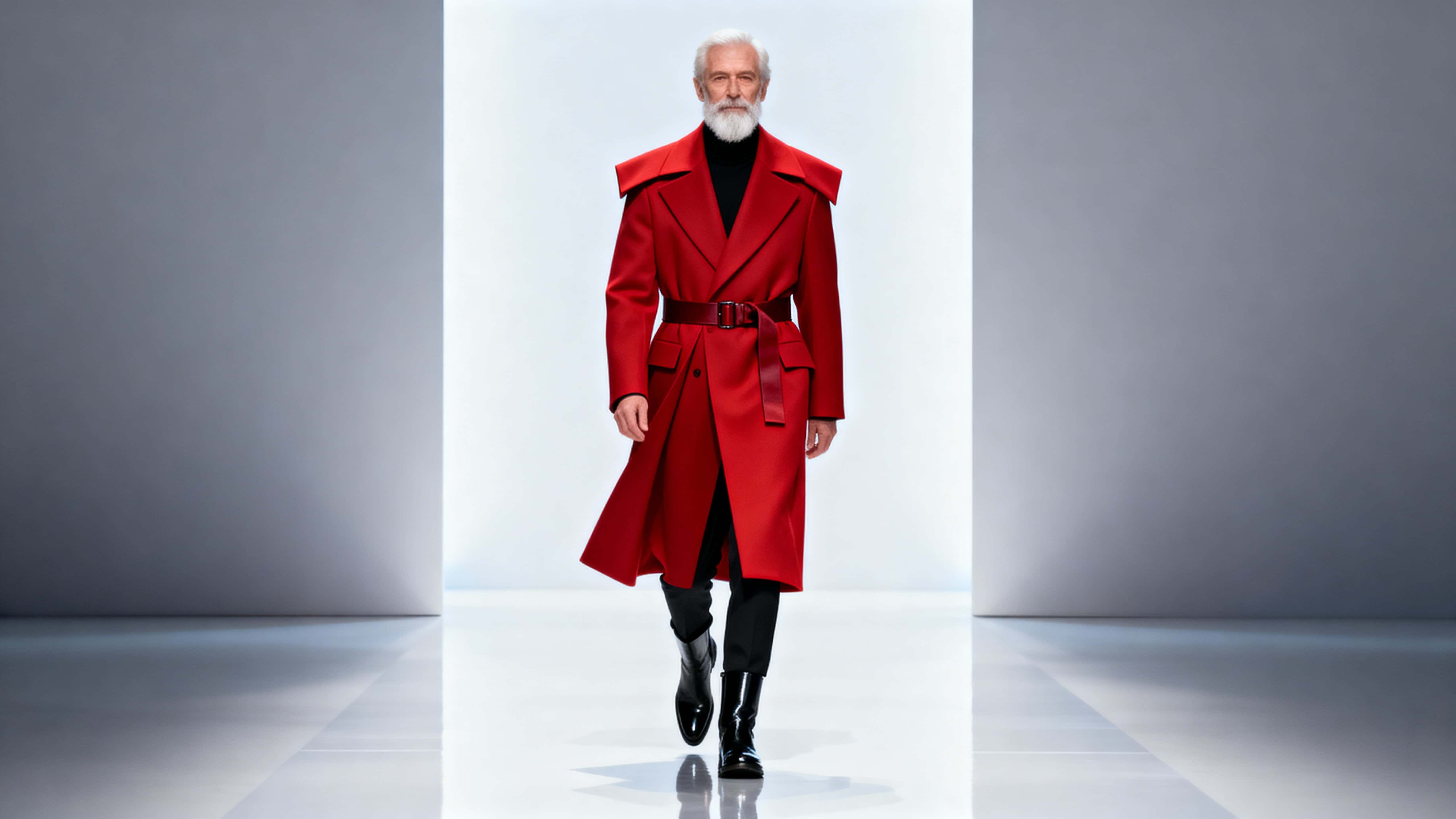 An older white Santa Claus modeled as a couture figure in a sharp long red overcoat with a black turtleneck and trousers, walking a minimalist white runway lit by soft vertical panels.