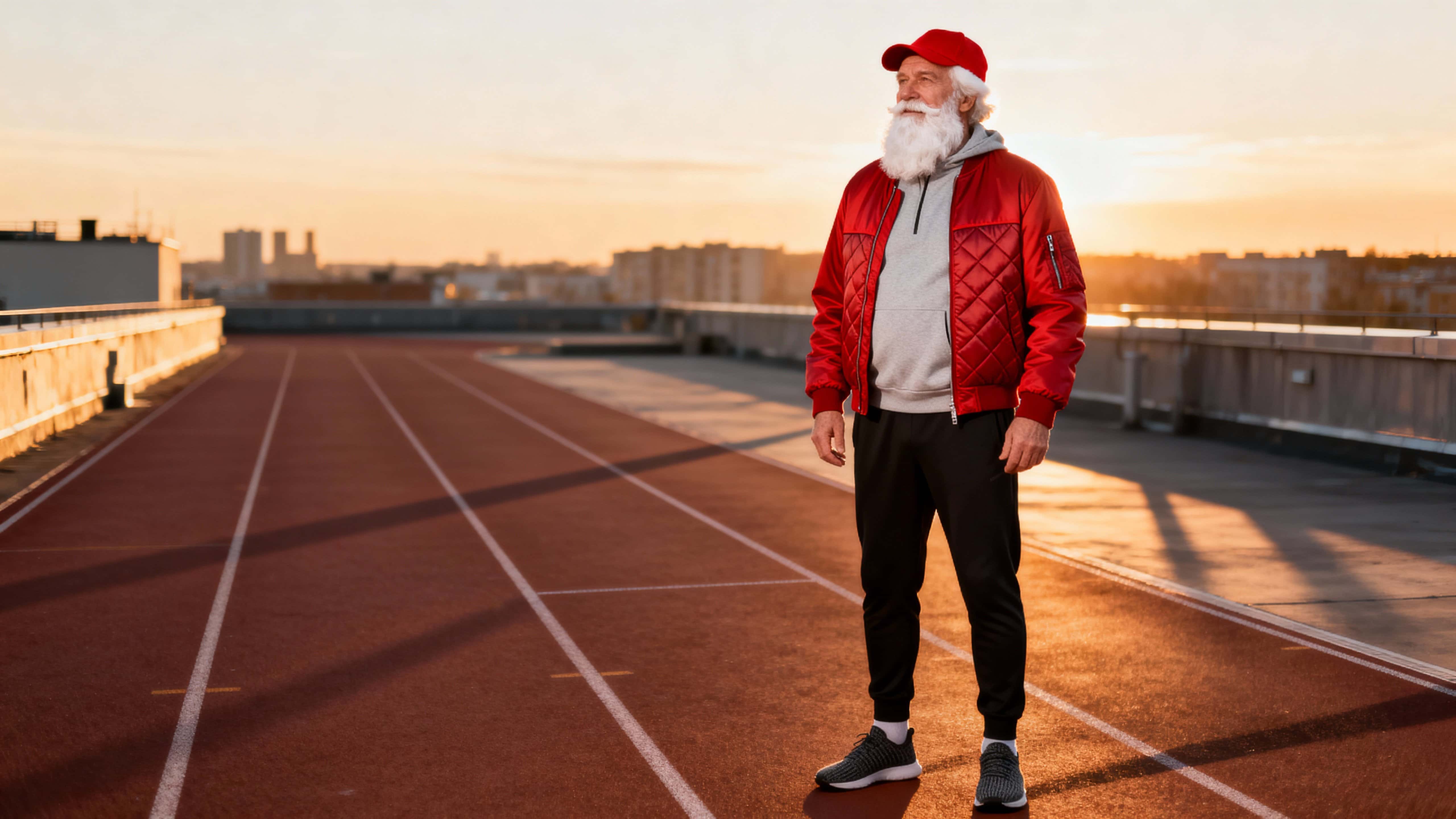 Santa Claus stands on an empty rooftop track at sunset wearing a sleek red bomber over a light grey hoodie, tapered black joggers and knit sneakers, bathed in warm low-angle light.