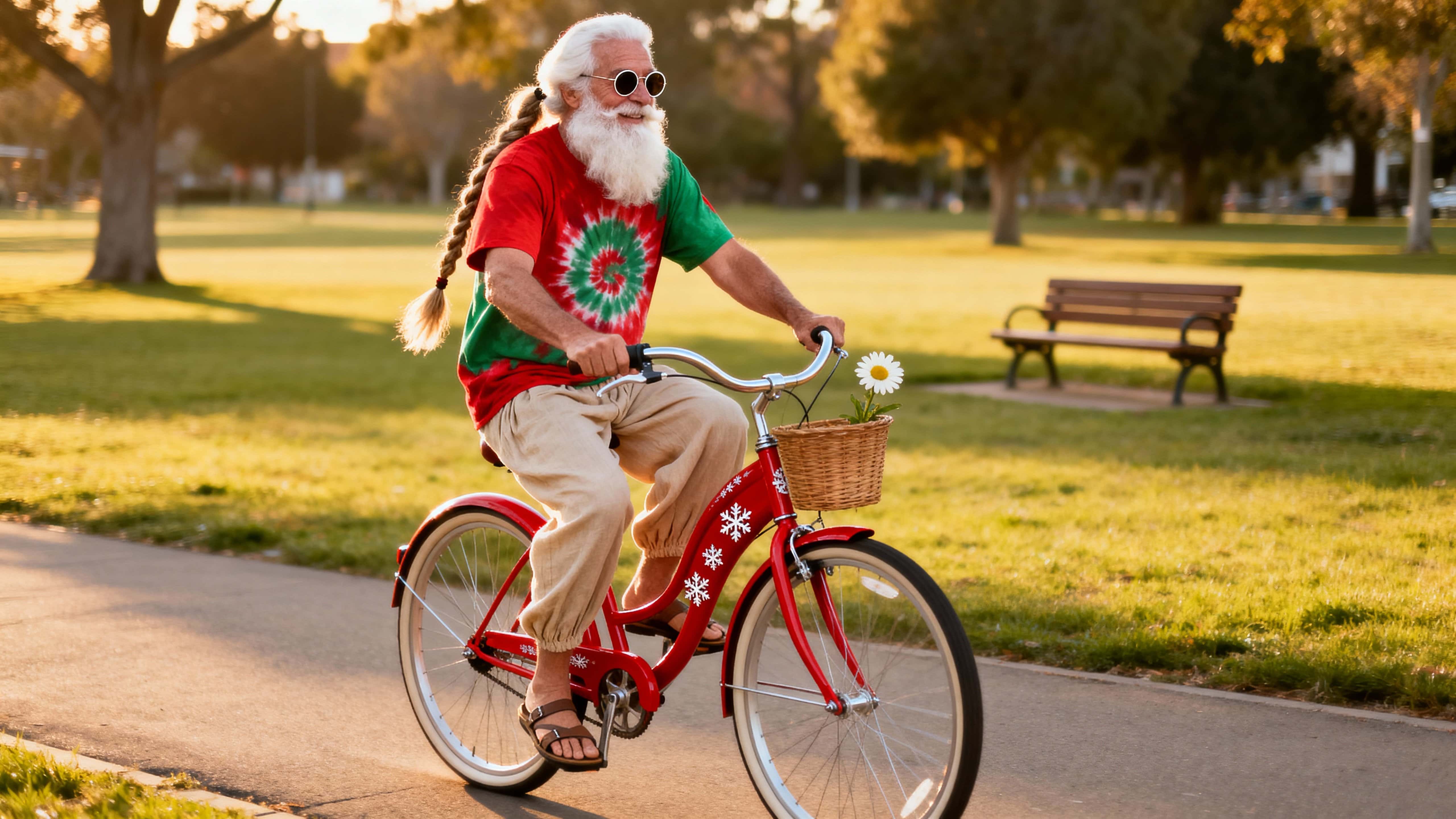 An older Santa Claus hippie rides a candy-apple-red customized bicycle through a quiet city park at golden hour, smiling as warm sunlight bathes grass, trees, and a lone bench.