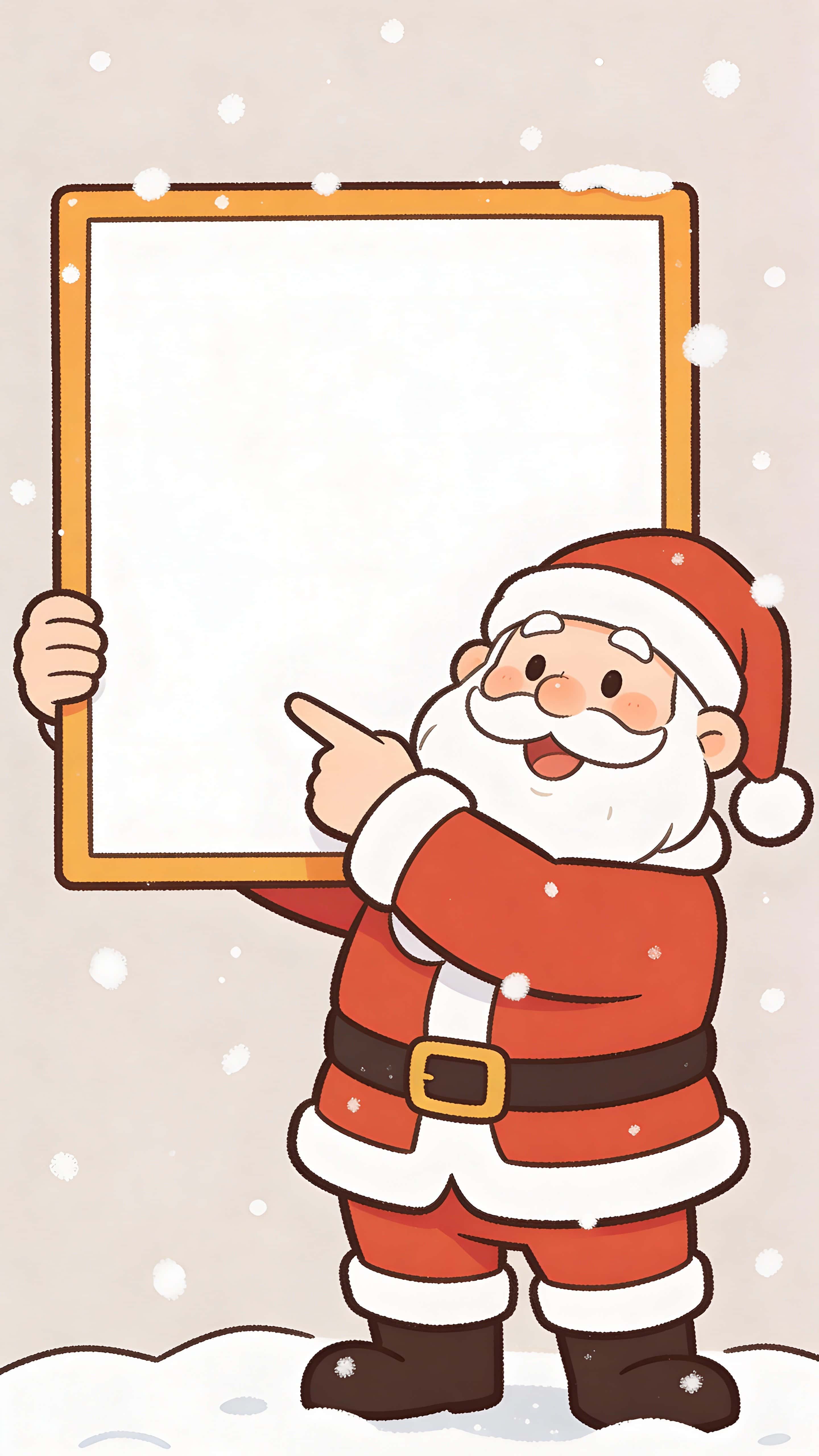 Cute vector-style Santa Claus centered in a 9:16 portrait crop, joyfully pointing to a large white sign he holds in front, with soft winter background and falling snow.