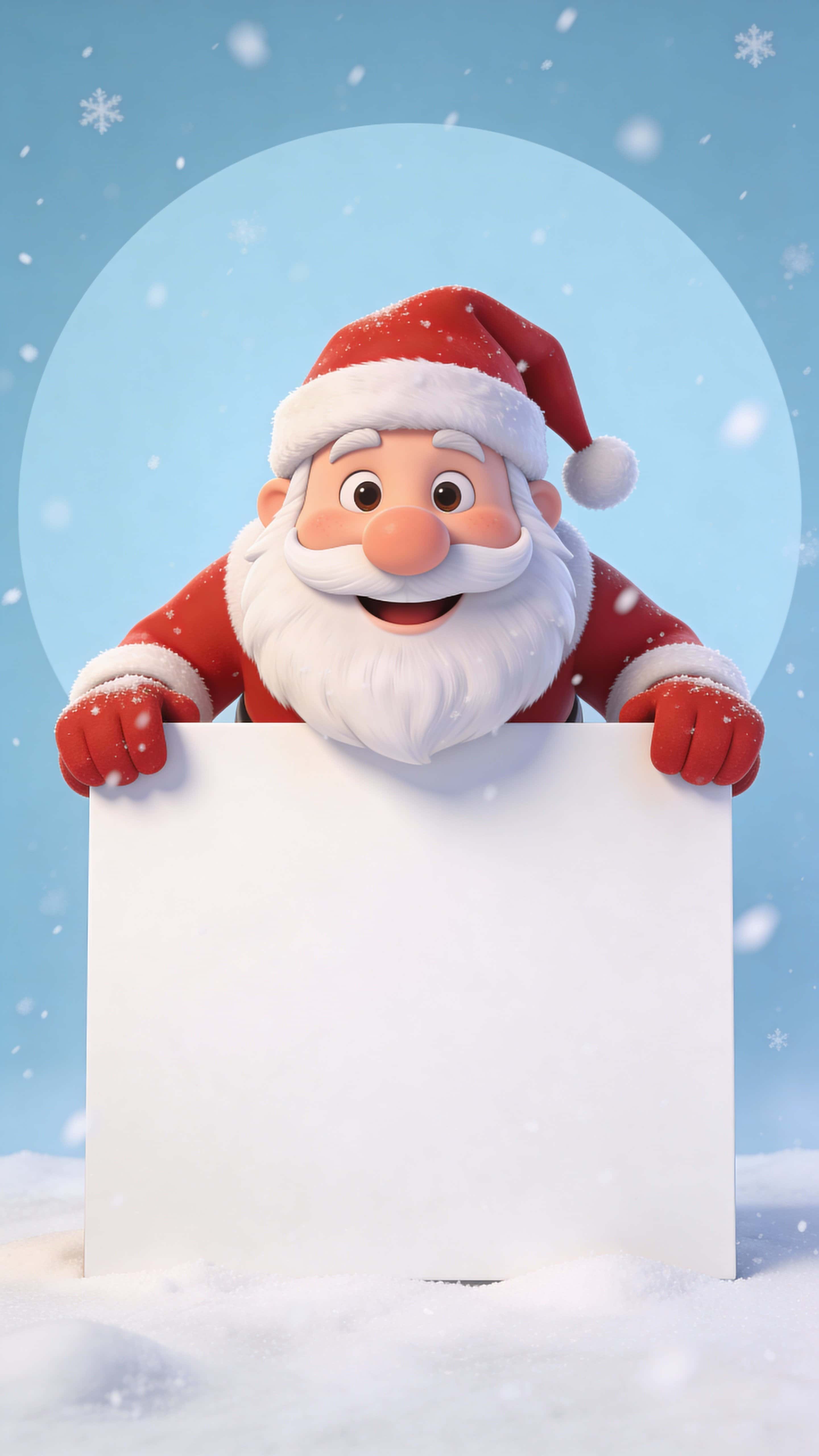 A friendly cartoon Santa Claus leans forward with a round nose and white beard, holding a large blank sign centered in the lower half of a 9:16 portrait while pale-blue background and light snowfall add gentle motion.