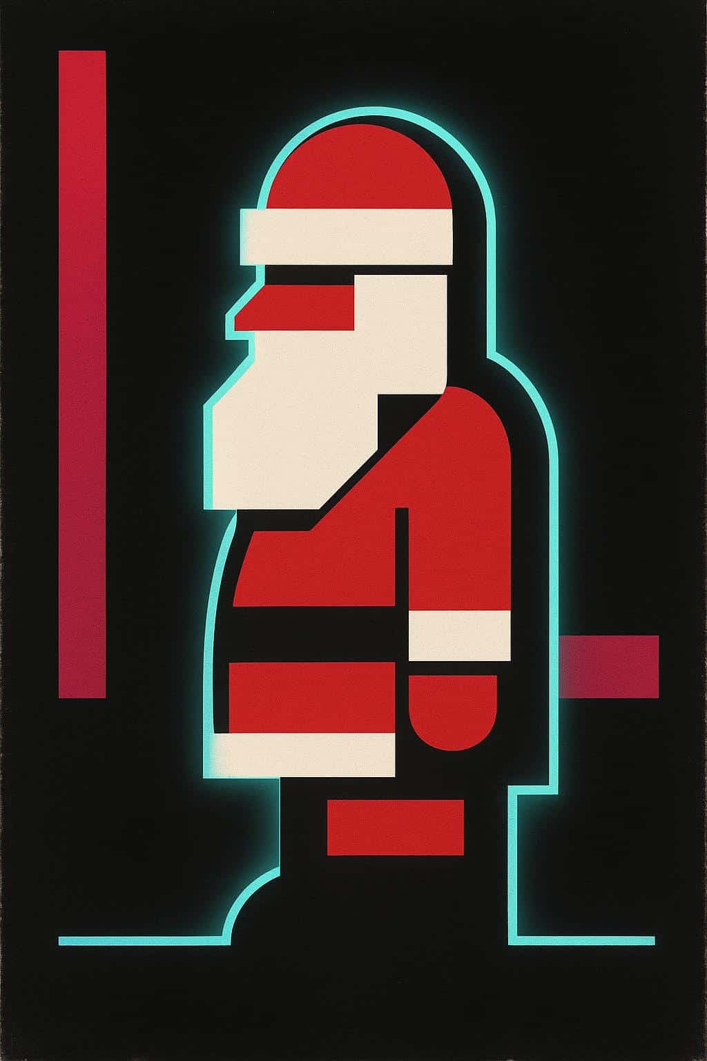 A modern brutalist poster of Santa Claus in profile composed of chunky red, white, and deep-charcoal geometric blocks with a rectangular beard and round hat, framed by heavy panels, traced by a neon cyan contour and magenta–cyan accent bars
