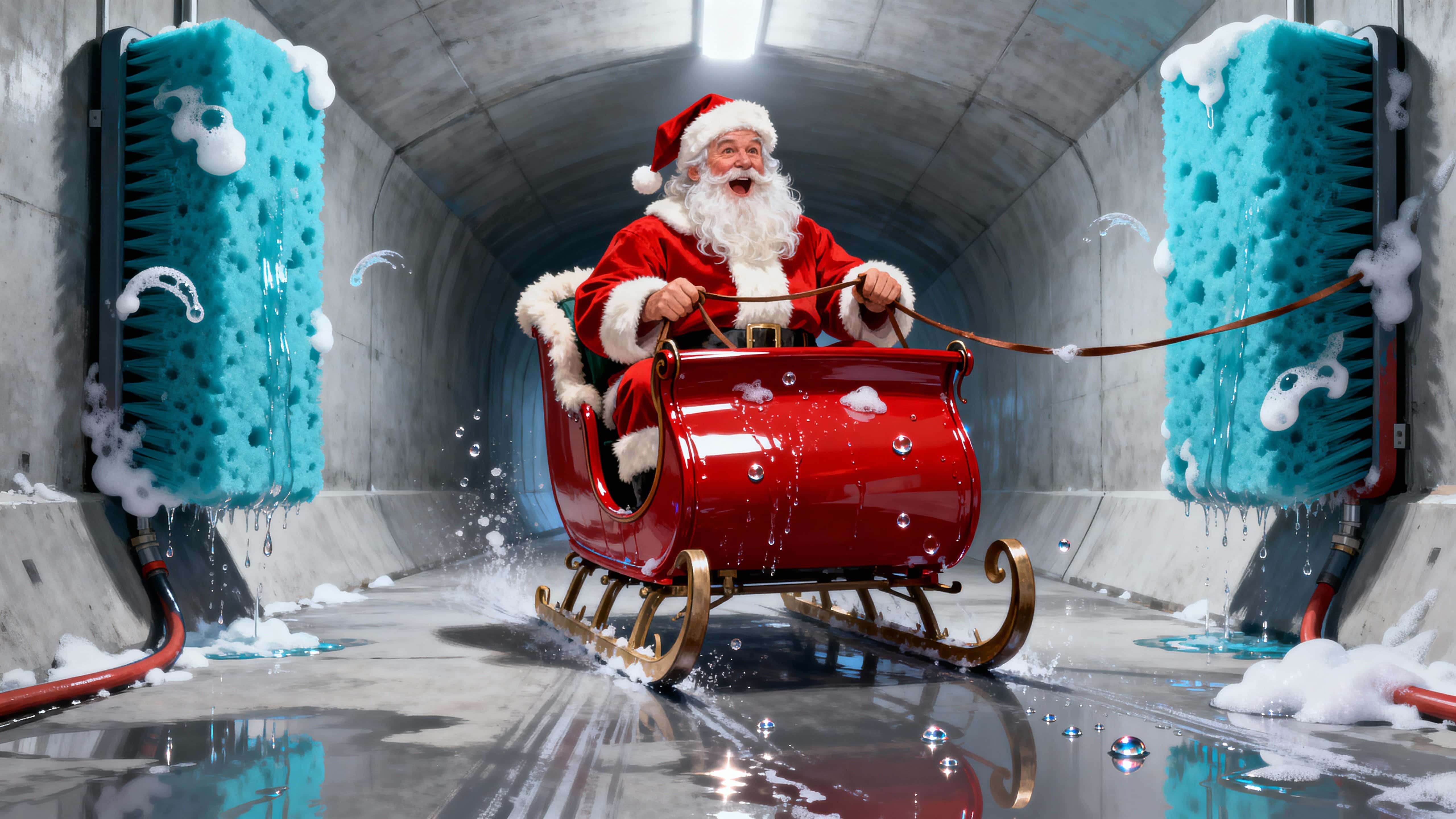 Wide commercial-style digital scene of Santa driving his glossy red sleigh through a bold blue automatic car-wash bay, joyful and slightly surprised.