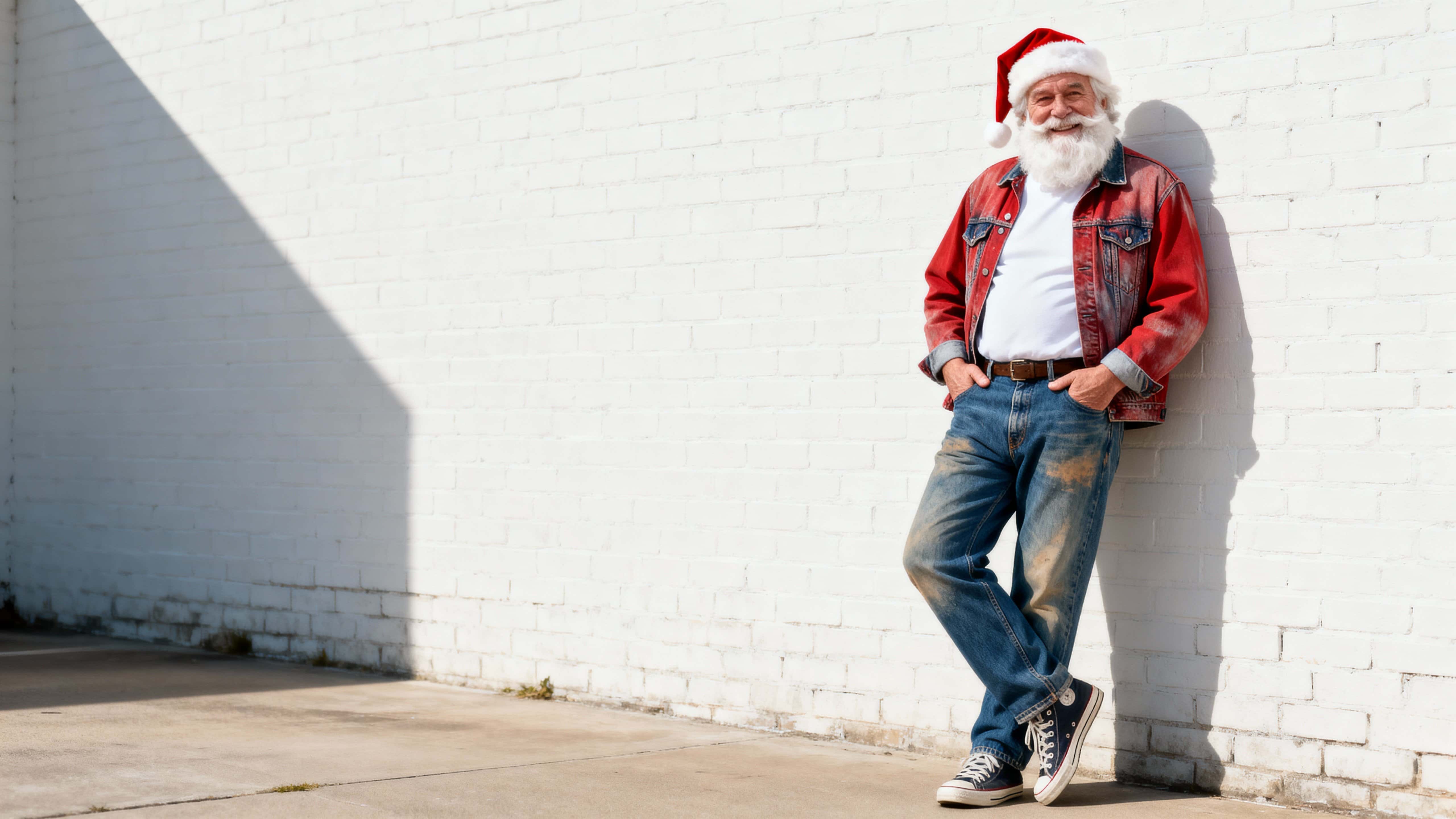 Playful older Santa Claus in a faded red denim trucker jacket, white tee and worn blue jeans leans against a white brick wall outdoors with soft daylight and generous negative space.