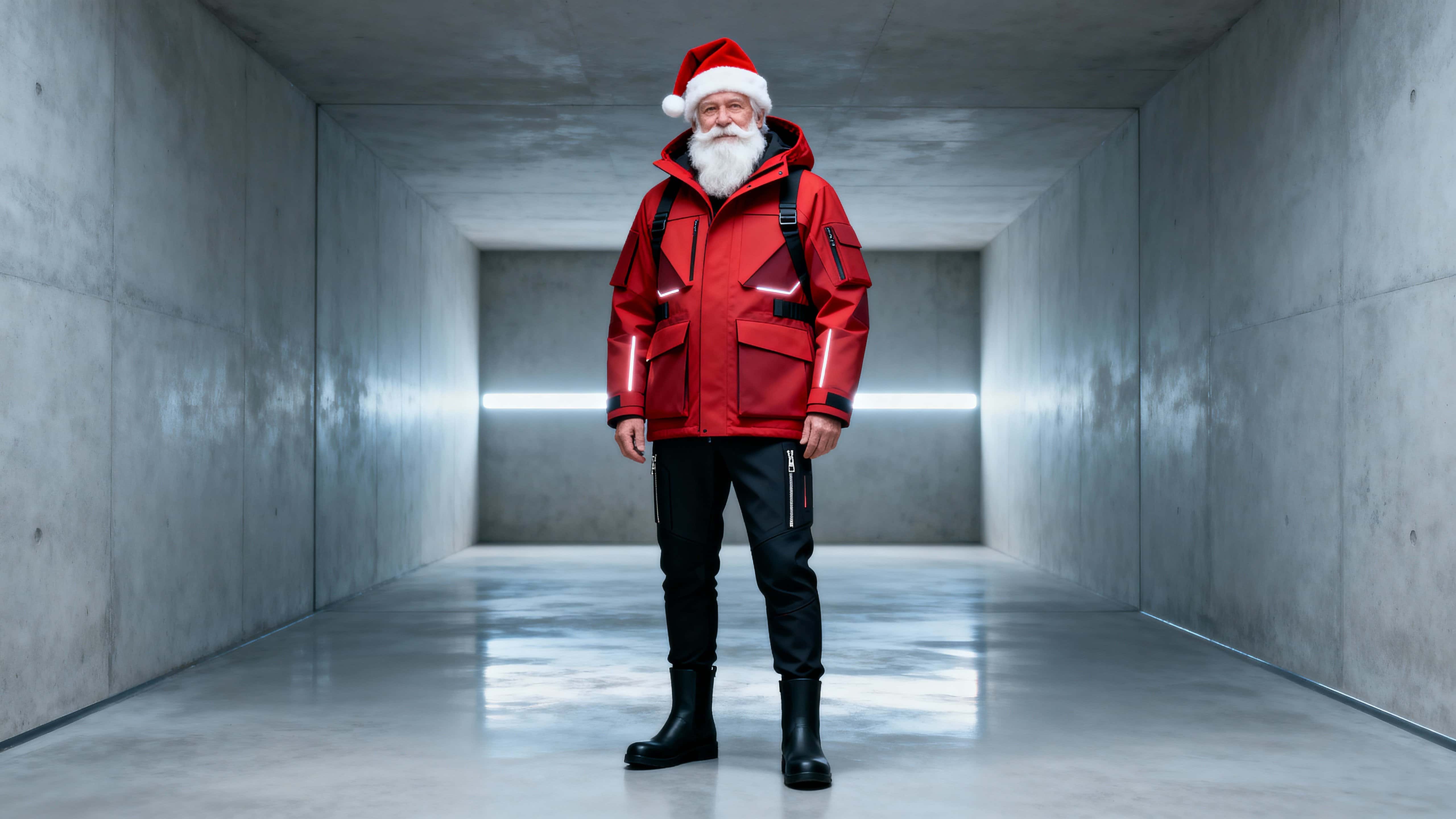 Futuristic Santa Claus in a matte red layered utility jacket and tapered black tech pants stands in a minimalist concrete corridor with a soft horizontal light, clean reflections, and ample negative space.