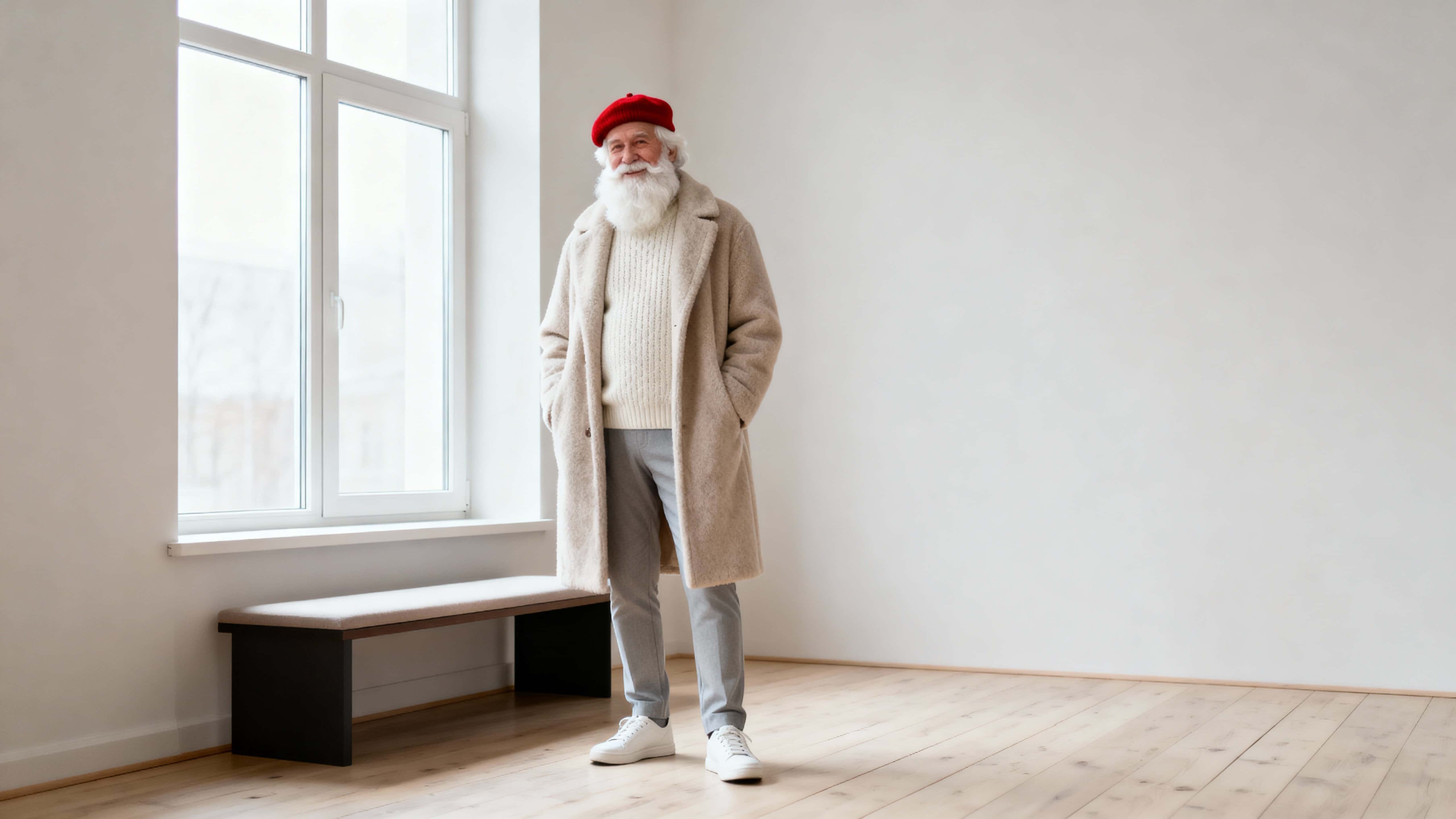 Santa Claus stands in a minimalist Scandinavian living space wearing a long beige wool coat, off-white sweater, slim light-grey trousers and a small red wool cap.