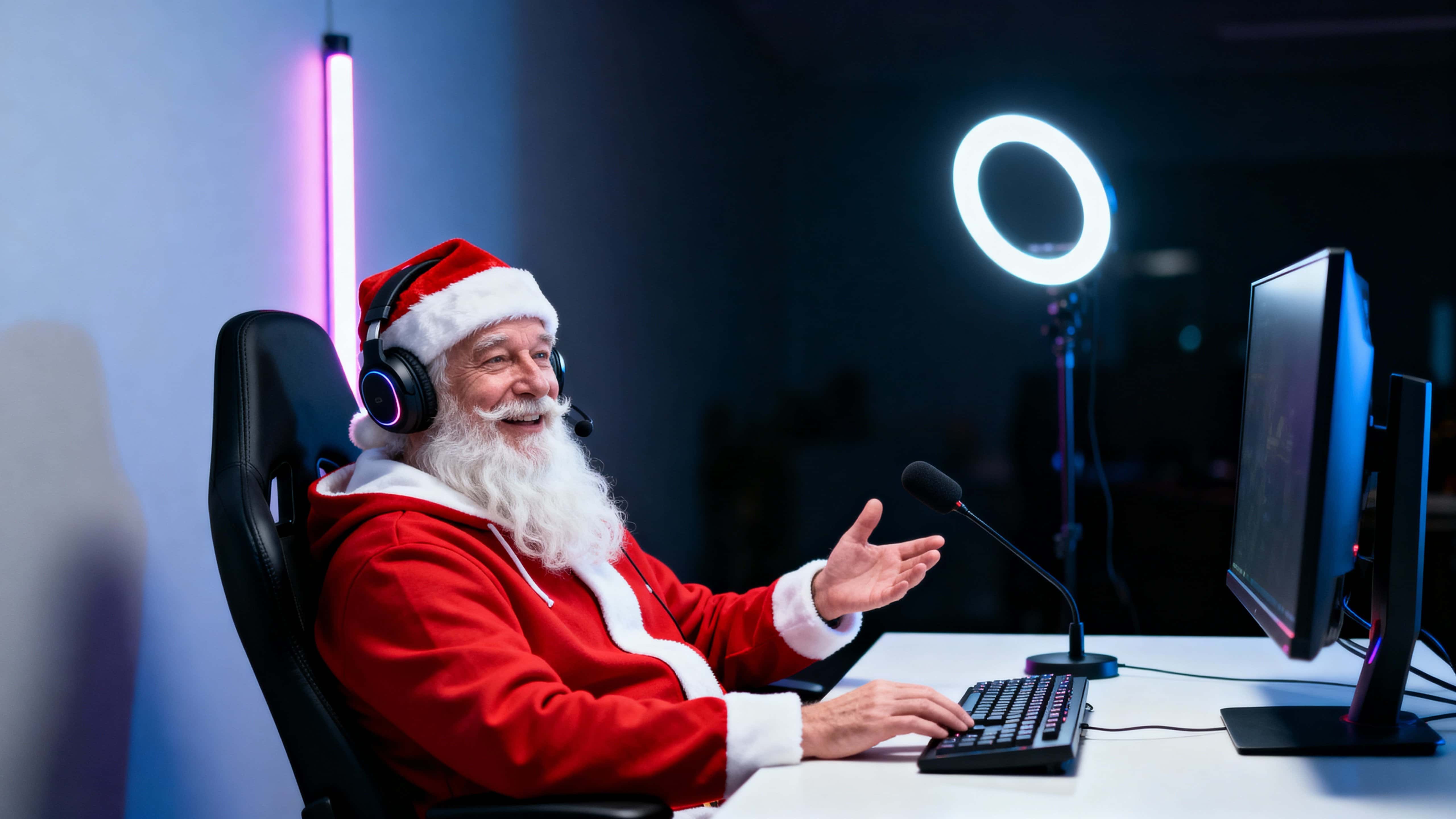Santa Claus as a friendly older livestreamer in a minimalist gaming setup: red hoodie and long white beard at a white desk with a widescreen monitor, compact keyboard, slim microphone and a soft LED strip, lit by cool focused facial light.