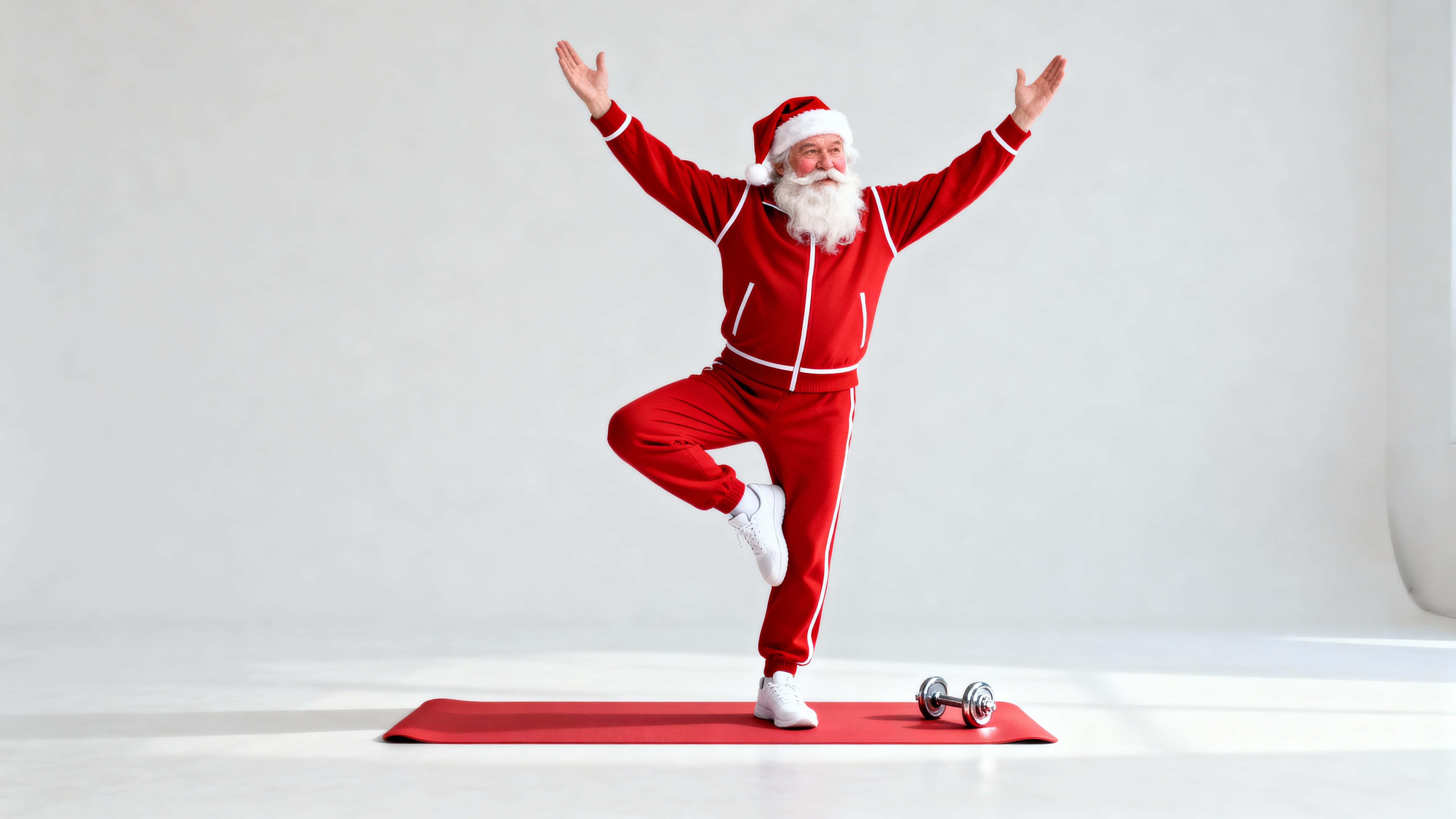 Full-figure Santa attempting a yoga tree pose on a red mat in a high-key, humorous commercial photo with lots of negative space, soft even light, and one chrome dumbbell.