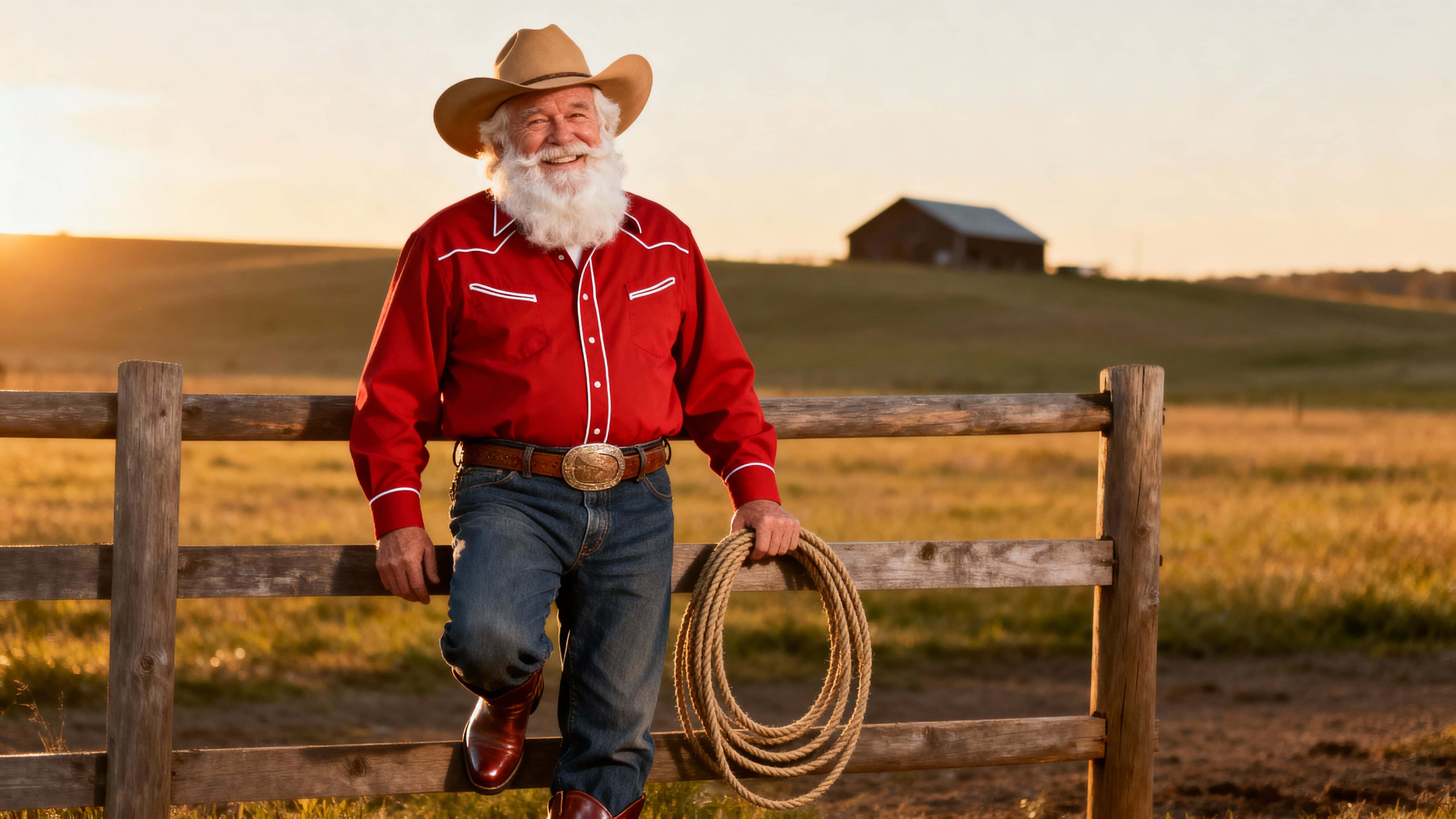 Crisp advertising image of Santa Claus as an older white cowboy standing by a simple wooden fence with a coiled lasso, rolling pasture and distant barn at warm sunset in a wide 16:9 frame.