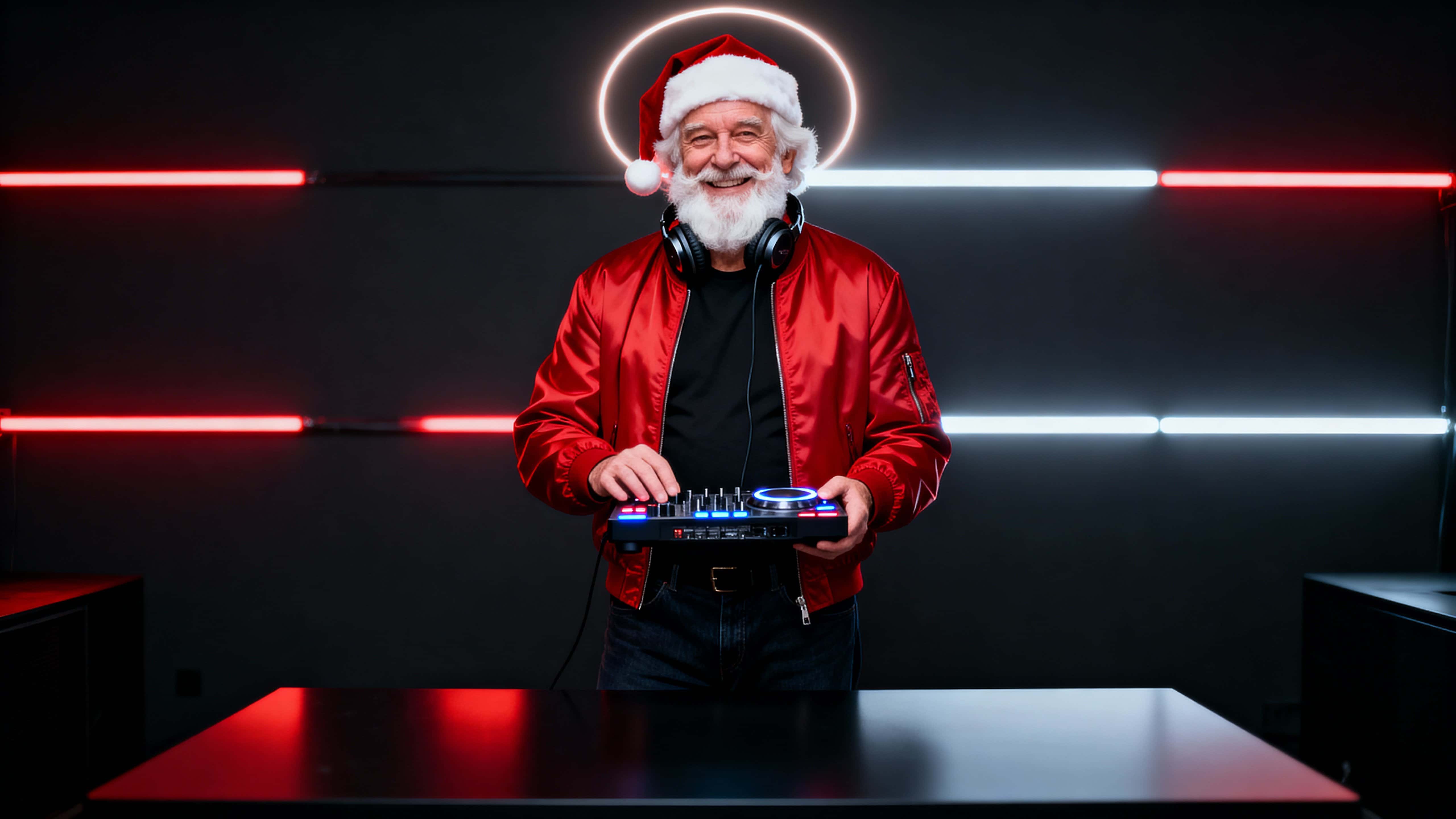 Santa Claus portrayed as a modern DJ in a minimalist club: an older white man with a full white beard and red bomber jacket behind a matte-black DJ table bathed in soft red and white LED glows.