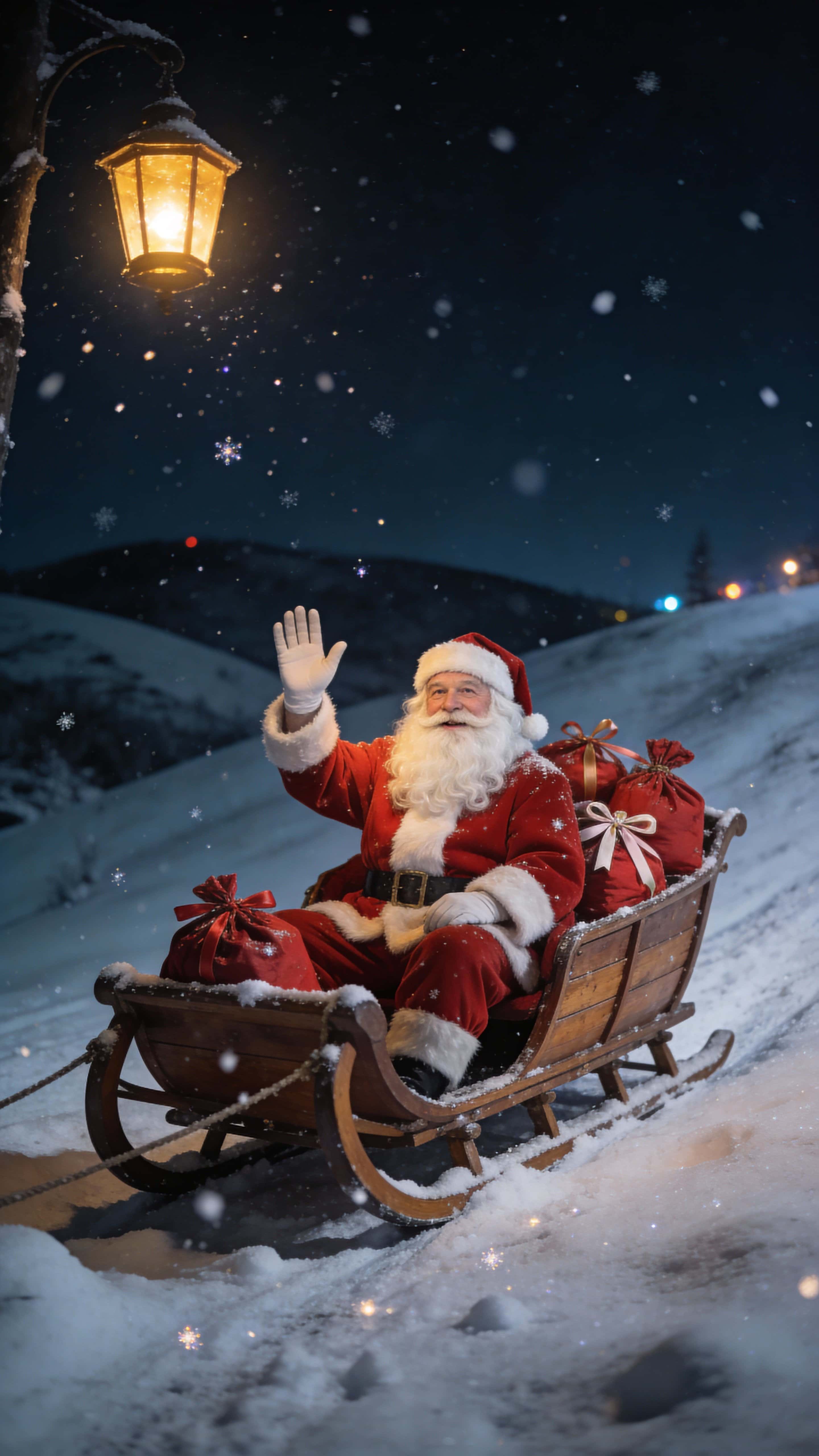 Santa Claus sits on a wooden sleigh paused on a snowy slope under a dark night sky, raising one hand as a lantern's warm glow lights his face and nearby red gift bags.