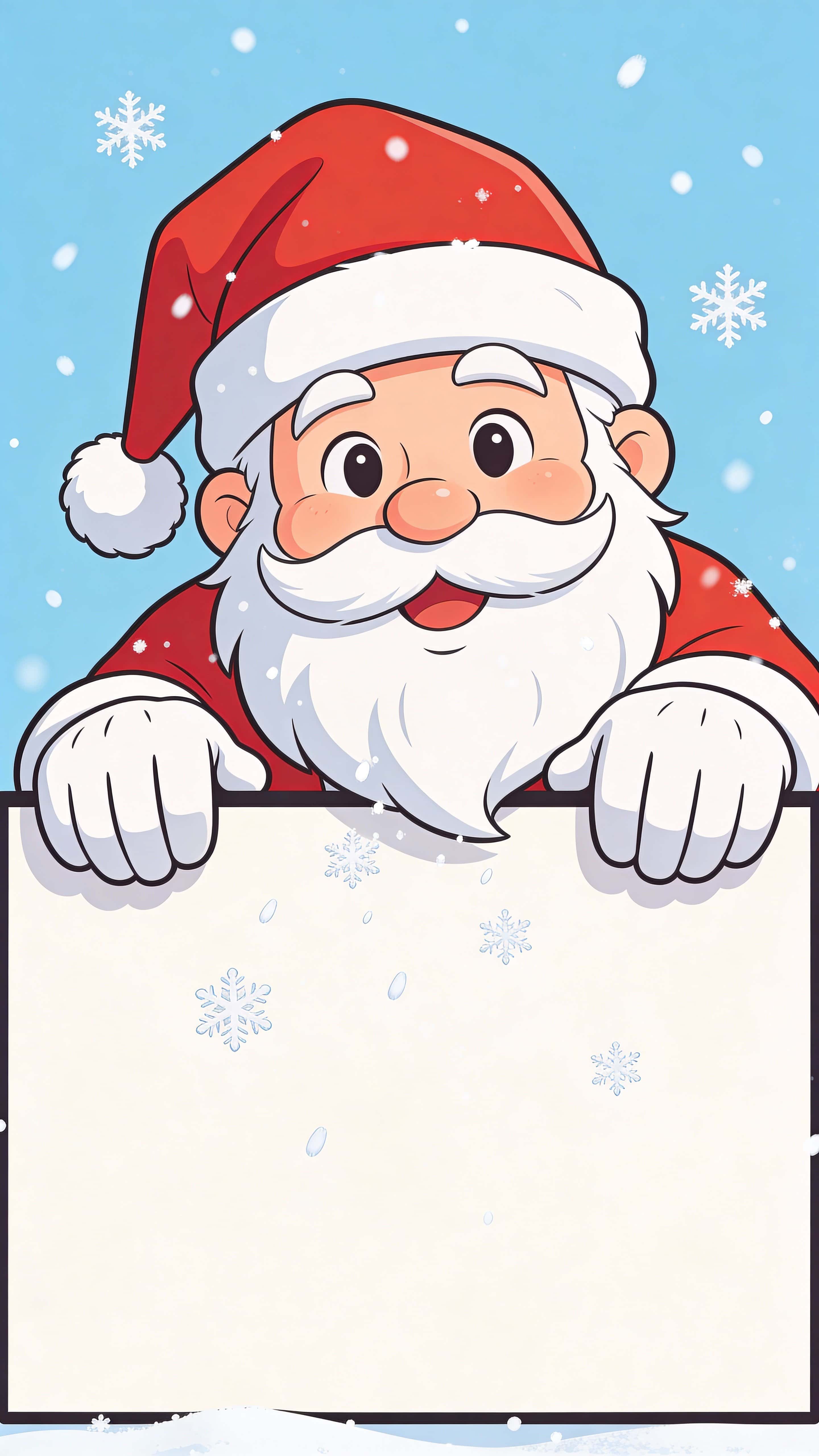 A playful illustrated Santa Claus peeks from behind a large rectangular blank board in a centered 9:16 frame, bright colors, bold outlines and falling snowflakes.