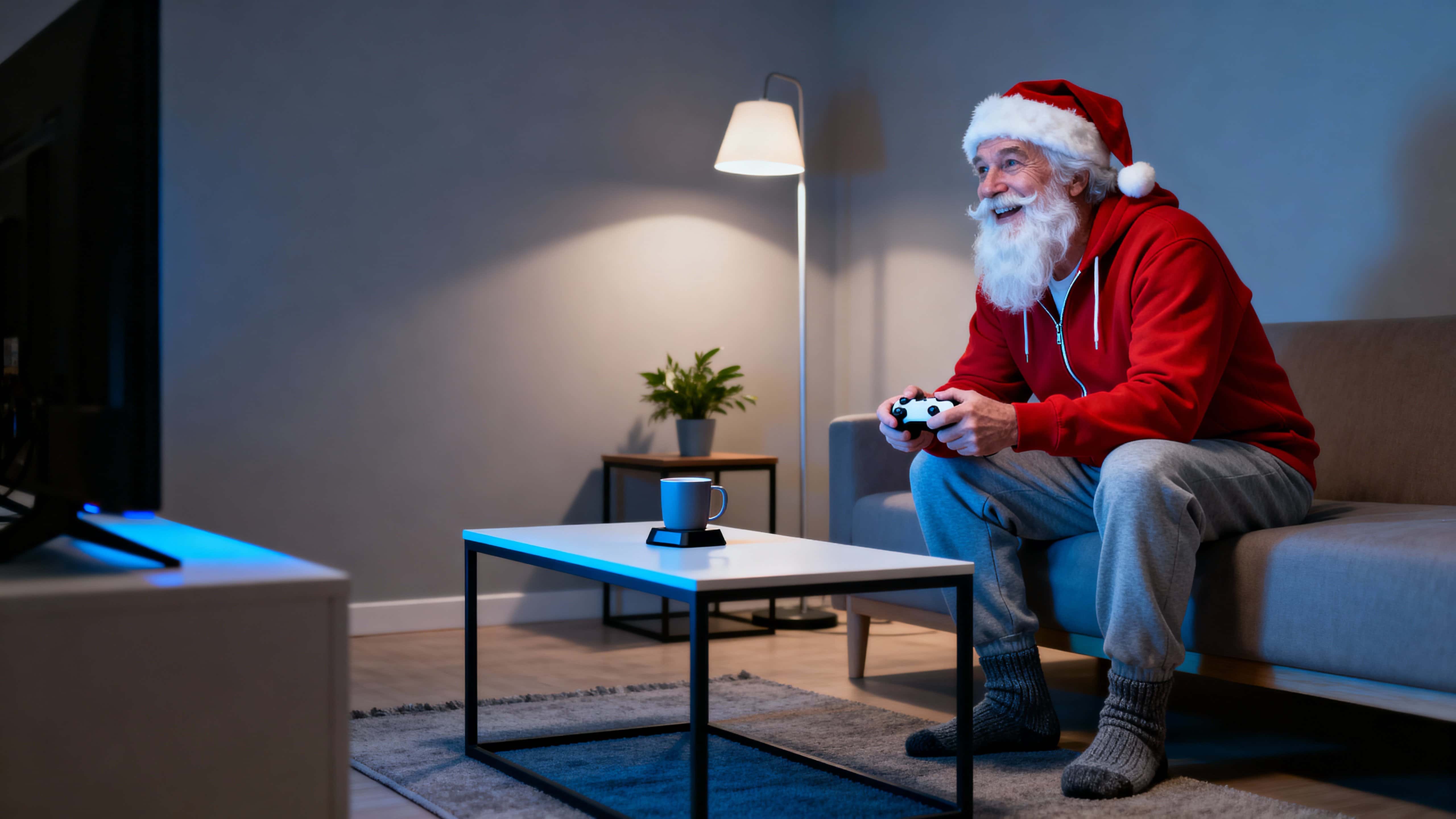 Santa Claus, an older white man with a long white beard and cheerful smile, sits sideways on a low sofa in a cozy minimalist living room at night, leaning forward with a wireless controller as cool blue TV light reflects on his face.