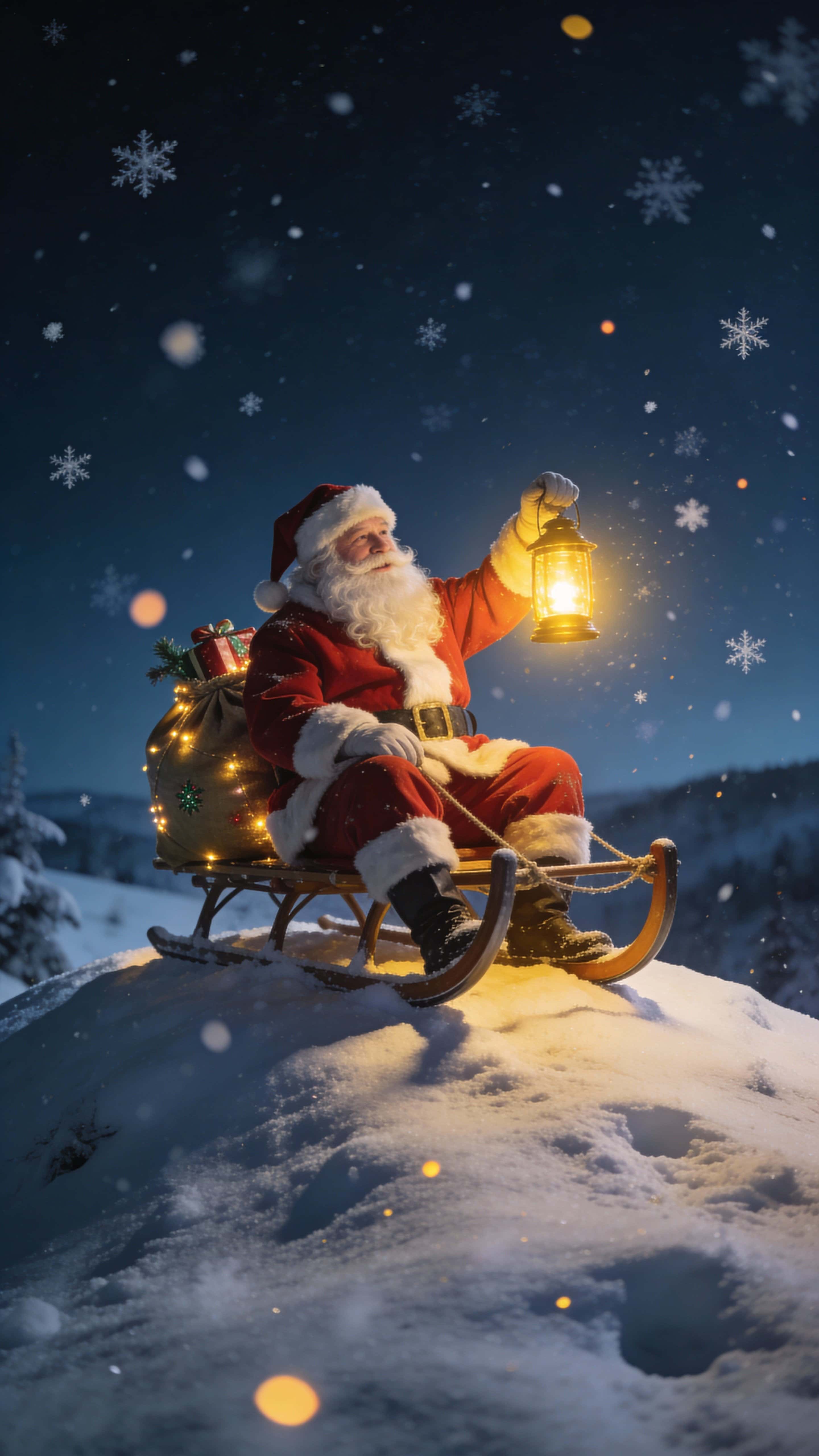 A peaceful, cinematic Christmas night shows Santa Claus resting on a sleigh atop a snow-covered hill, lantern casting warm golden light on his red suit and white beard as snowflakes drift.