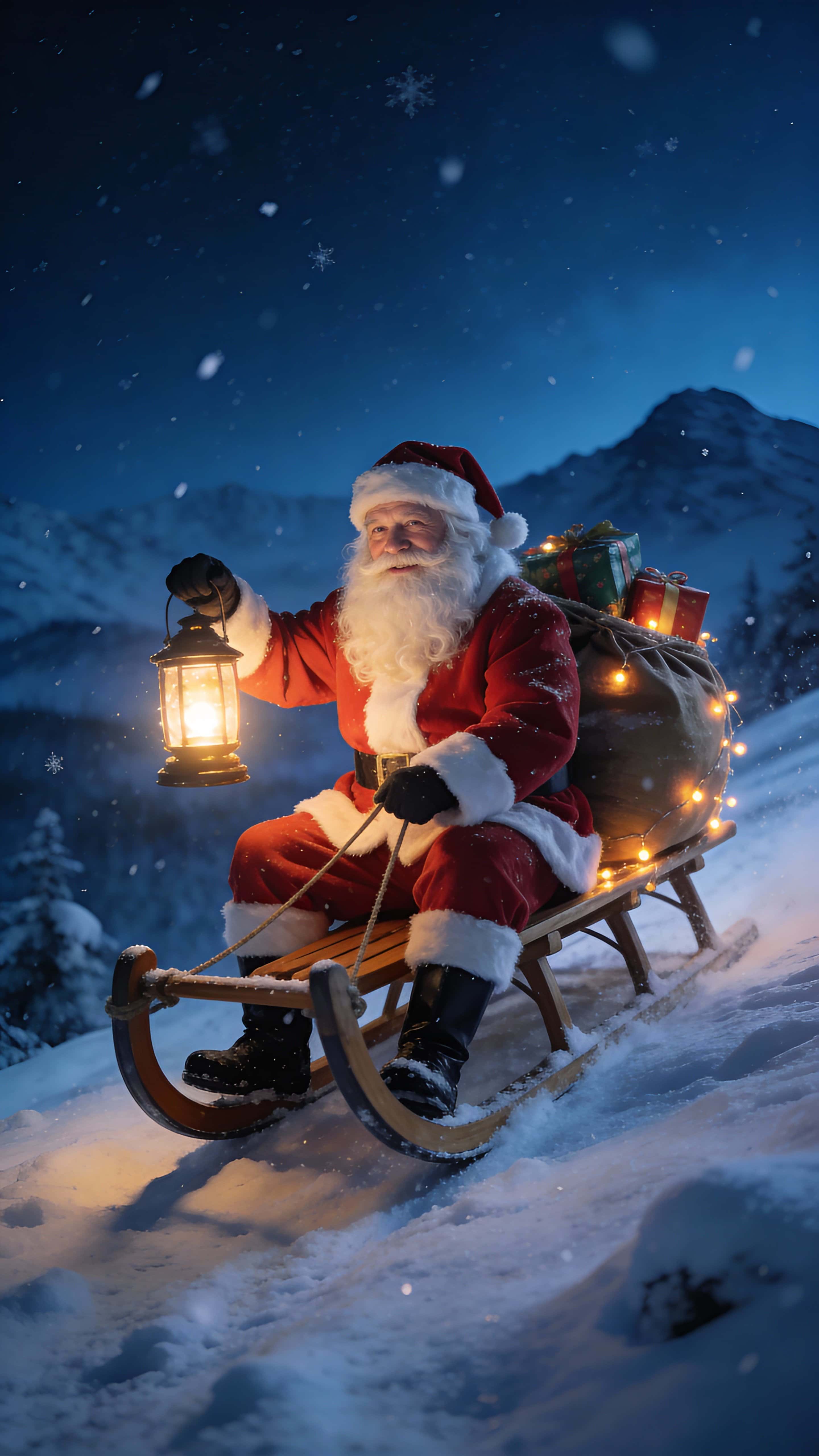 Santa Claus rides a wooden sleigh across a snowy hillside at night, holding a glowing lantern while a sack of wrapped gifts with tiny lights rests behind him under a deep blue sky.