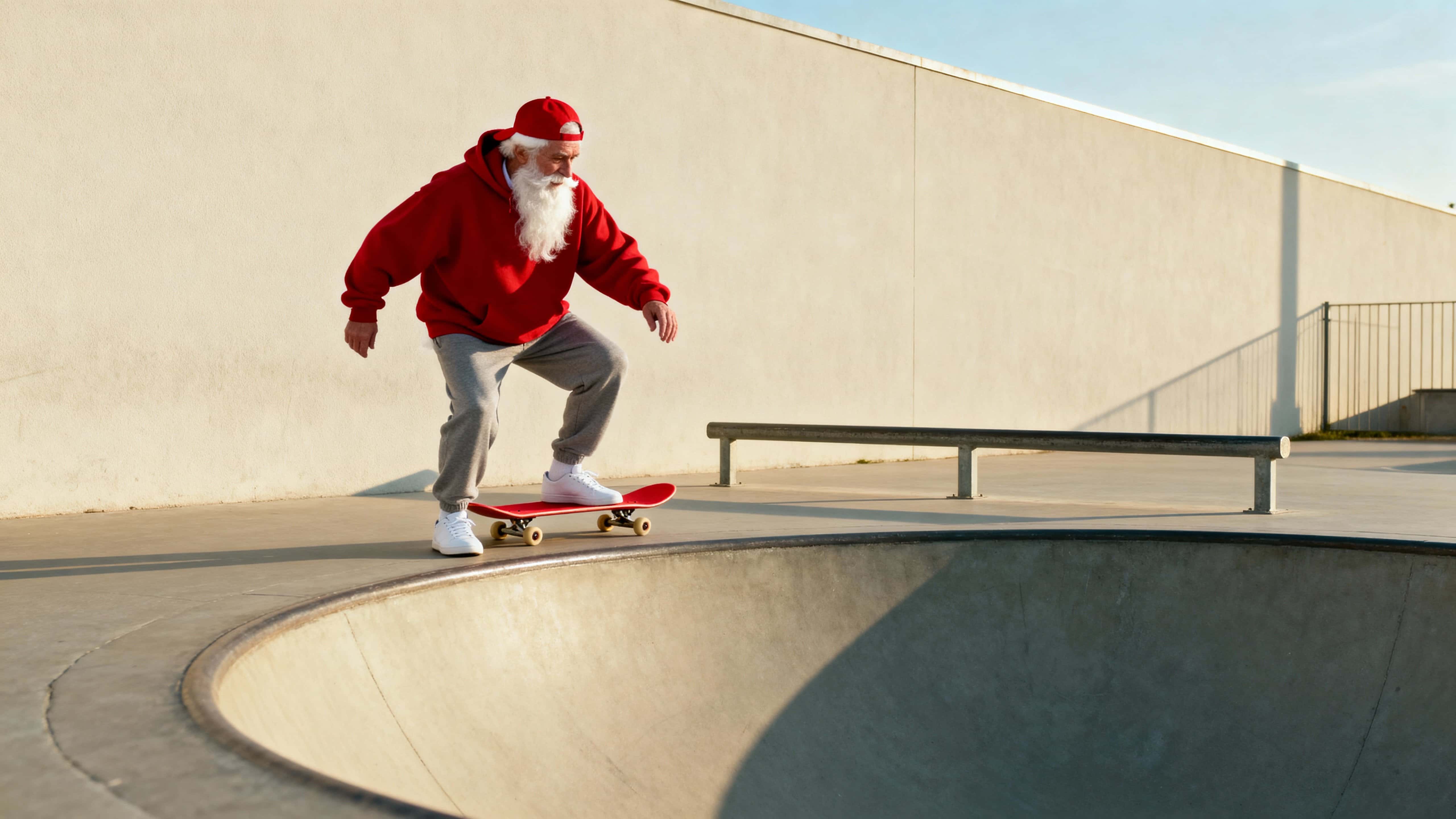 Late-afternoon commercial scene of Santa Claus as an older white street skateboarder balancing on a red skateboard atop a smooth concrete ramp in a minimal skate park.