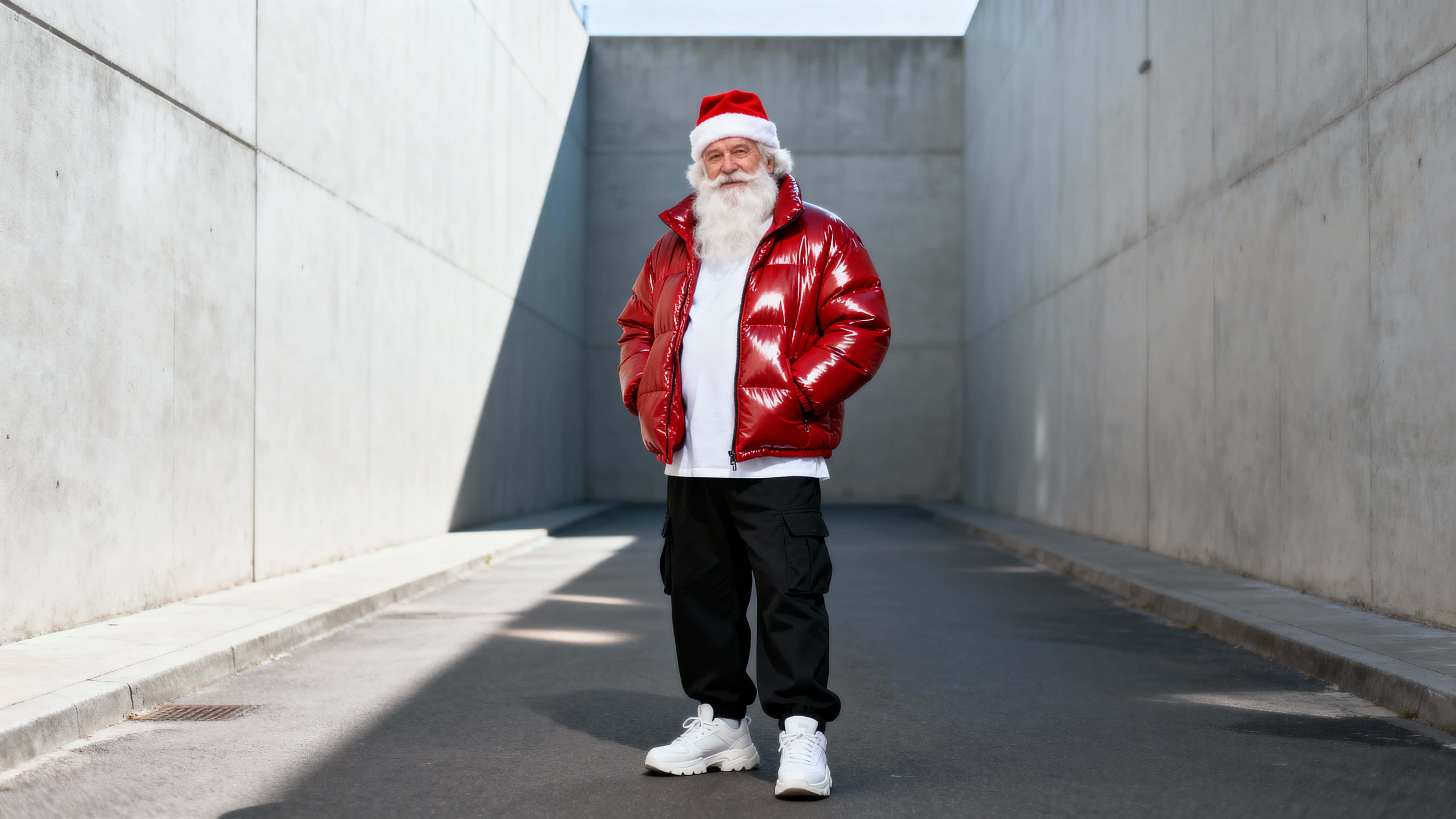 A modern ad-style full-body Santa wears a glossy oversized red puffer, white tee, black cargo pants and chunky white sneakers as he stands in a clean urban alley with cool daylight and ample negative space.
