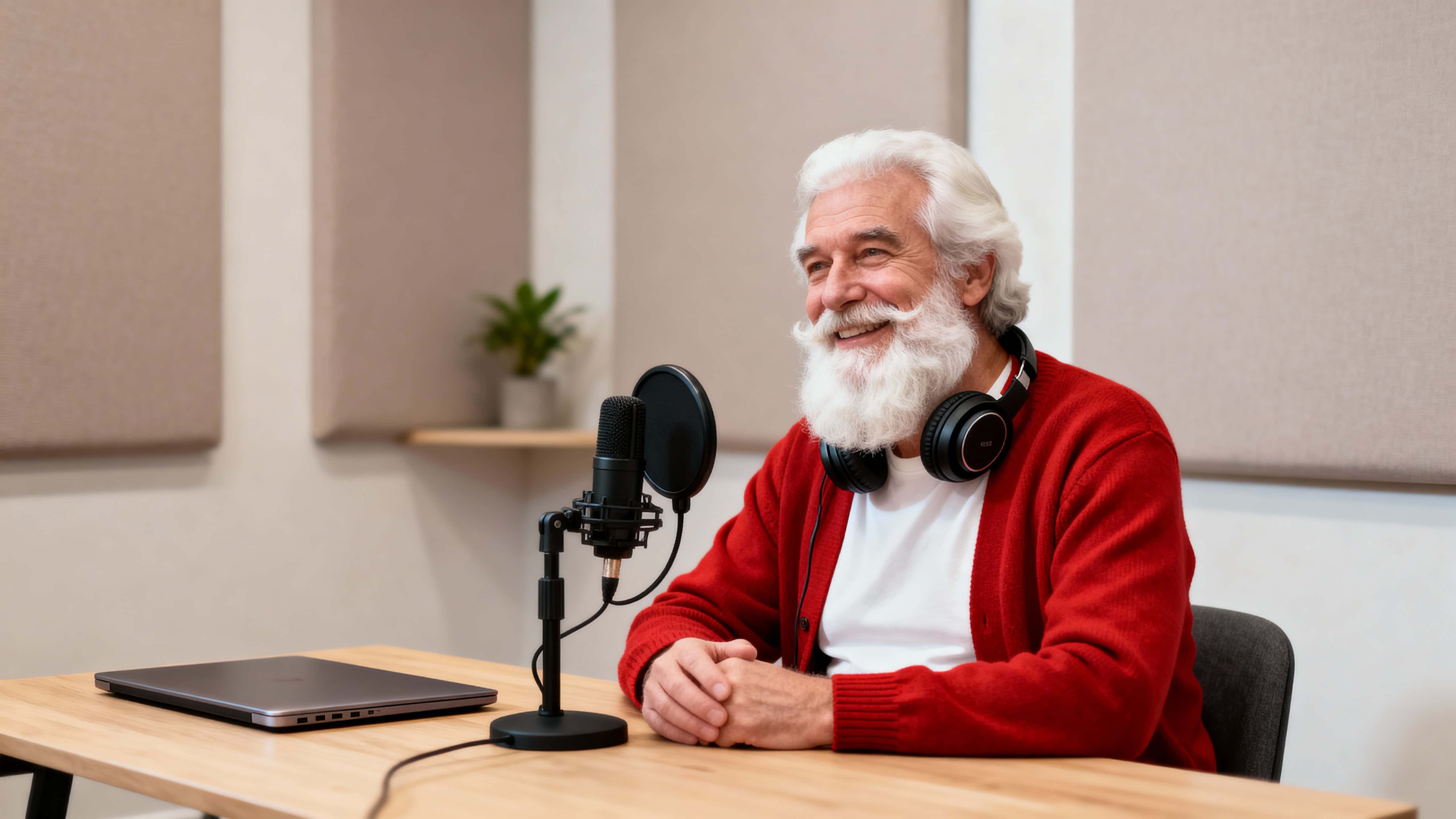 Santa Claus, an older white man with a long white beard, sits in a cozy minimalist recording studio at a wooden table with a microphone, headphones, laptop, neutral panels, and warm light.