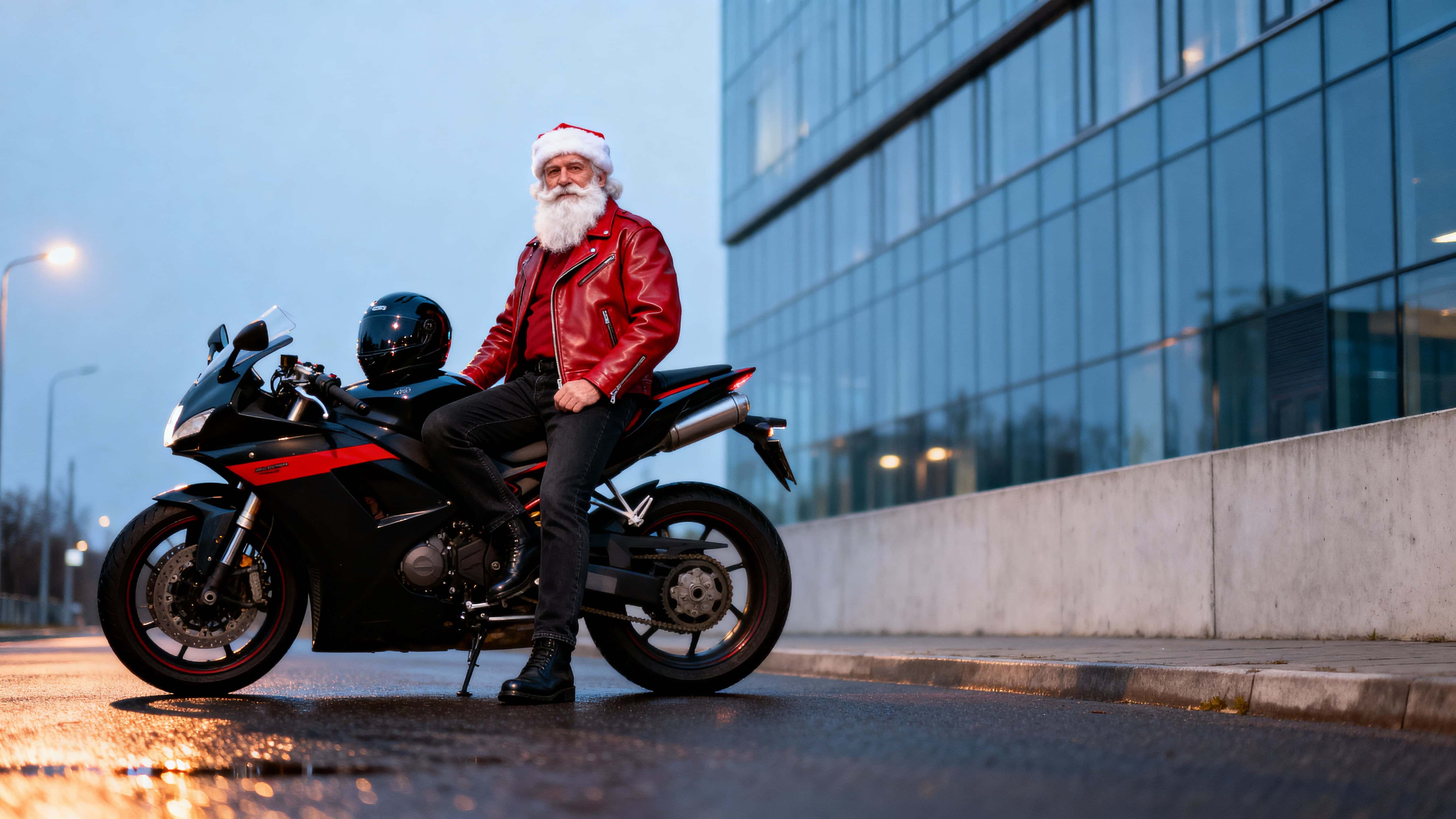 Minimalist commercial image of Santa Claus as an older white man in a fitted red leather jacket seated sideways on a matte-black motorcycle at dusk on a nearly empty wet city street.