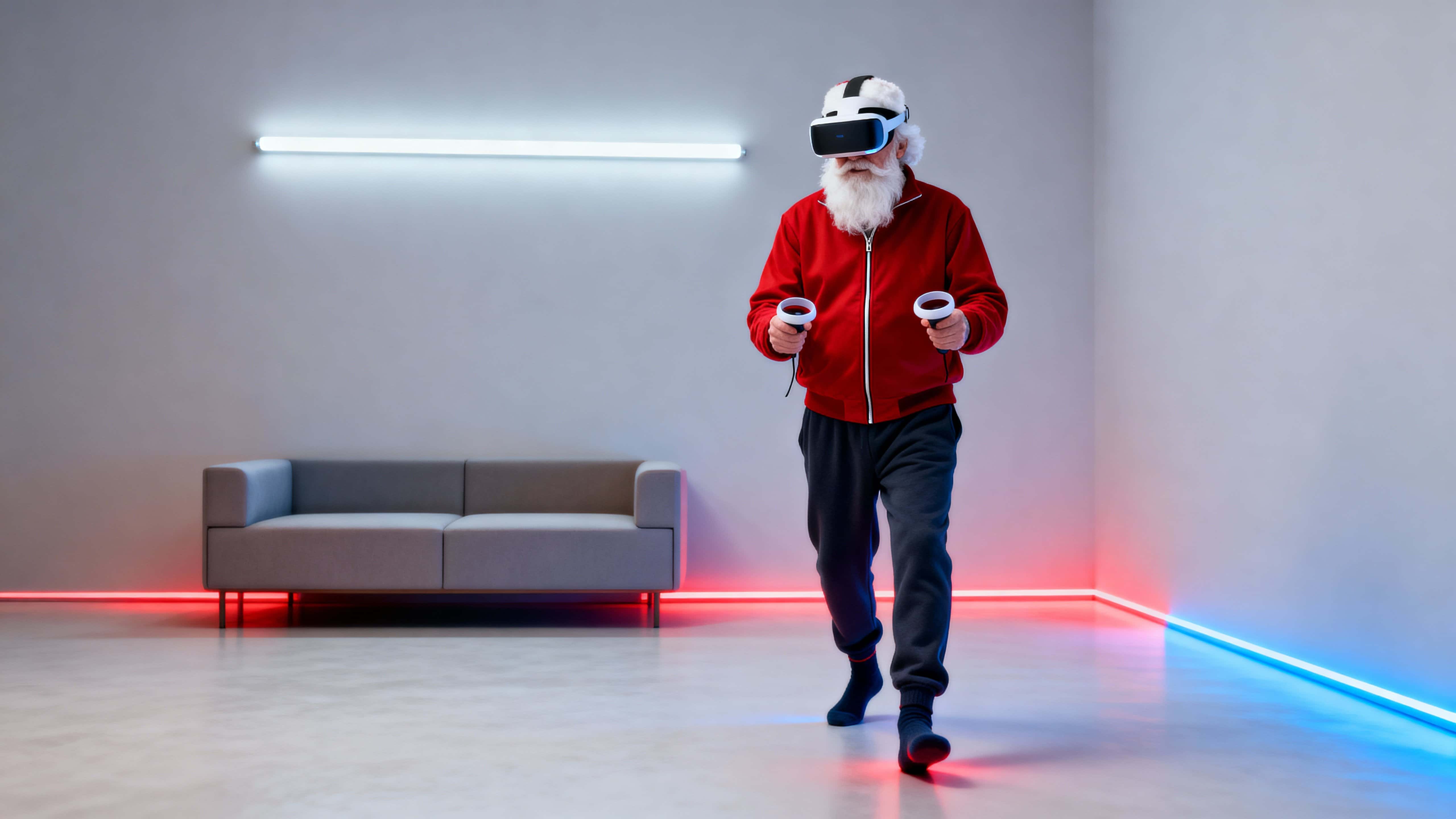 Santa Claus depicted as an older white VR game designer mid-step in a clean futuristic playroom, wearing a red zip jacket and headset as an LED strip casts a red-blue gradient light.