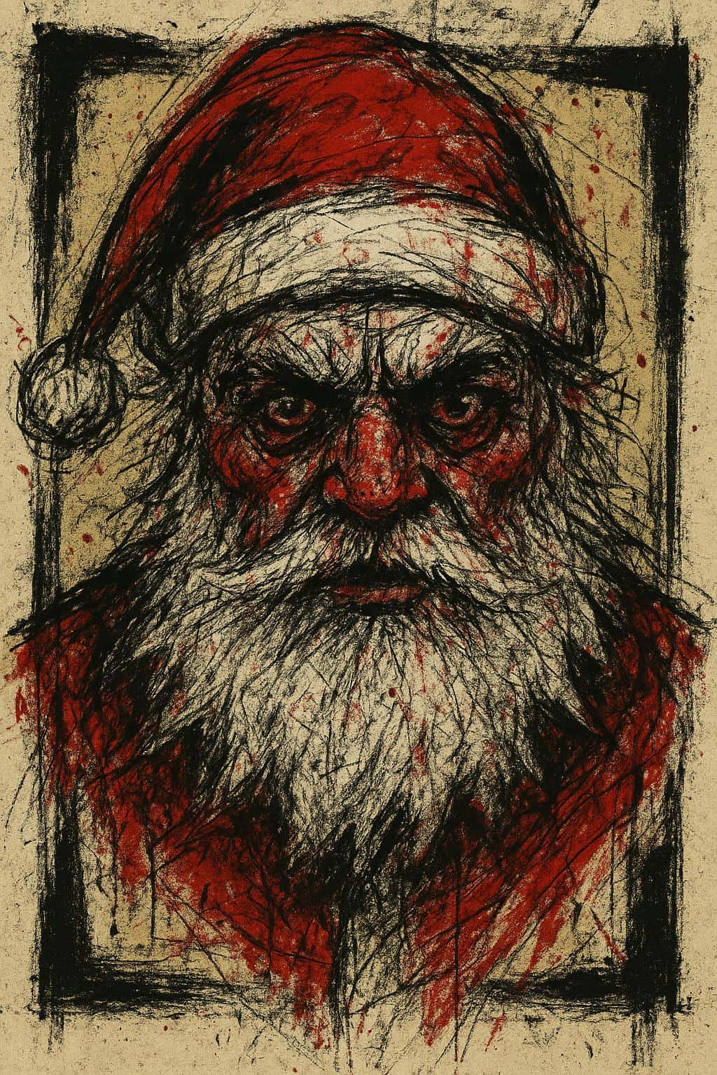 Close-up bust of Santa in a neo-expressionist poster style, rendered with aggressive charcoal-like lines, crimson splashes, jagged white beard strokes, ink-smeared eyes, dirty beige backdrop and oversized black rectangles.