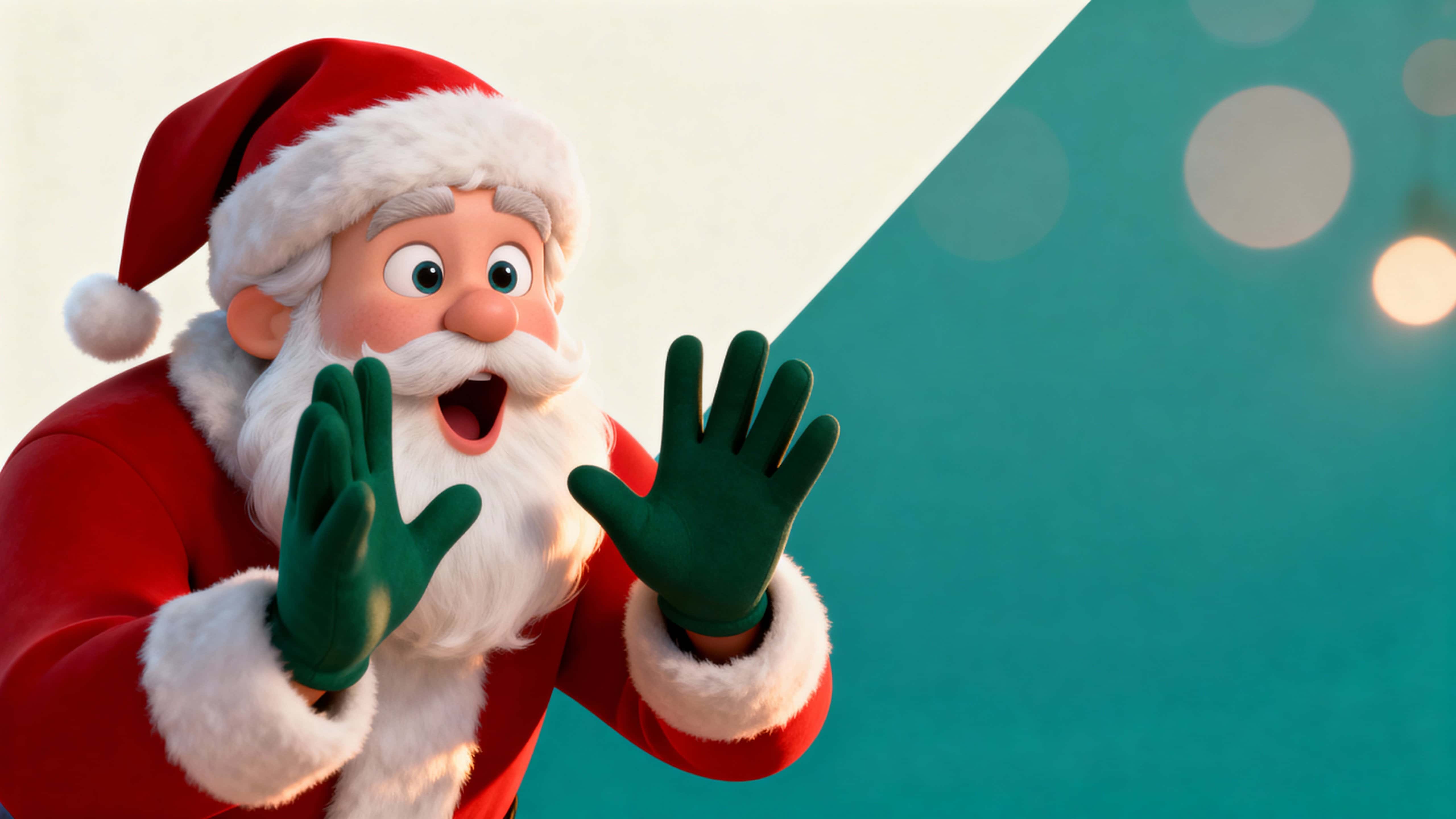 Bright cinematic close-up of Santa (chest up) left-framed, leaning forward with excited expression and raised hands, on a creamy-white to muted-teal diagonal gradient with soft bokeh and ample right-side copy space.