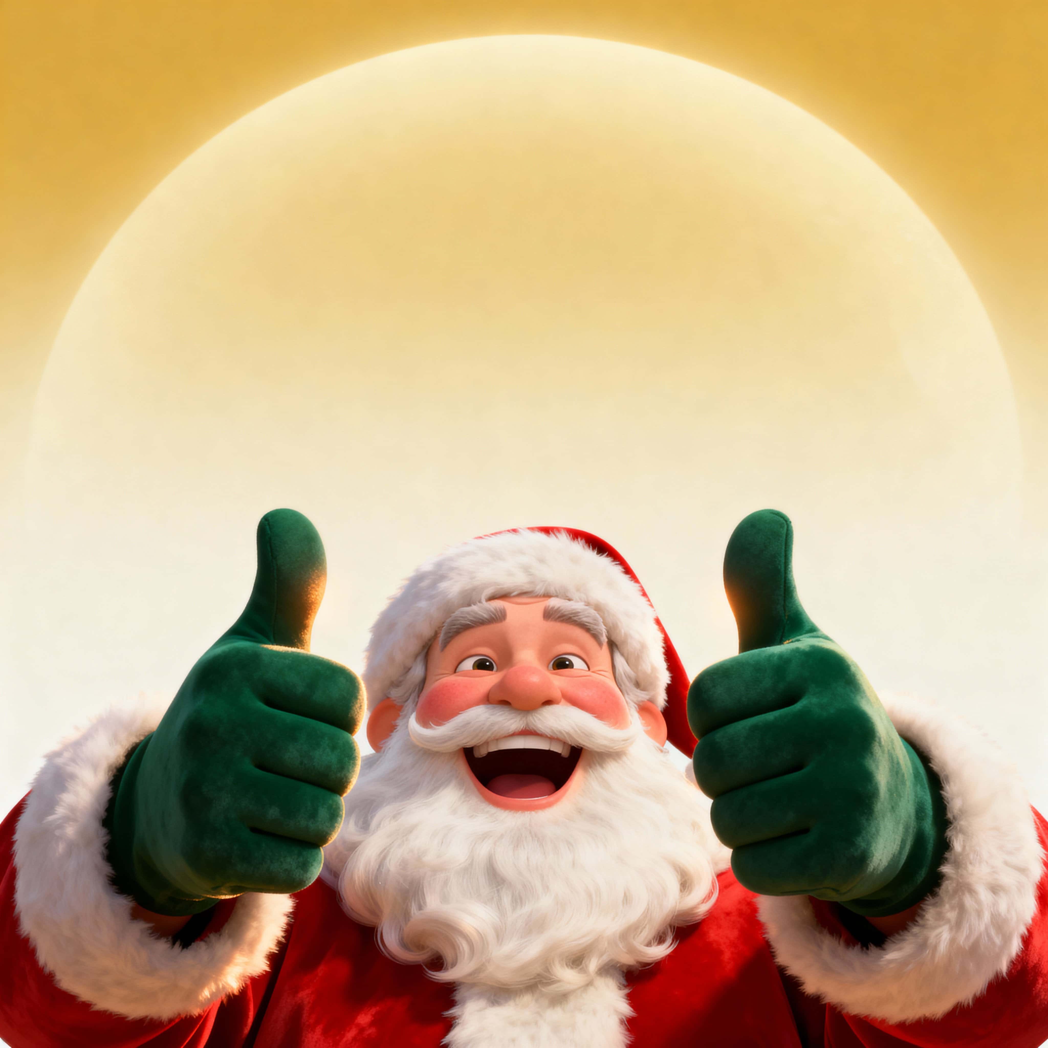 A square, cinematic close-up of Santa from just below the chest with a warm, smooth 3D-illustrative style, leaning in laughing with two thumbs-up toward the viewer and wide, calm copy space above.