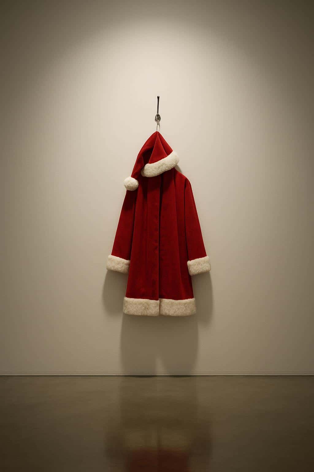 A conceptual gallery photograph of a bright red Santa coat and hat hung on a single minimalist metal hook centered on a large off-white wall, polished concrete floor faintly reflecting a silhouette and soft diffused overhead light creatinga
