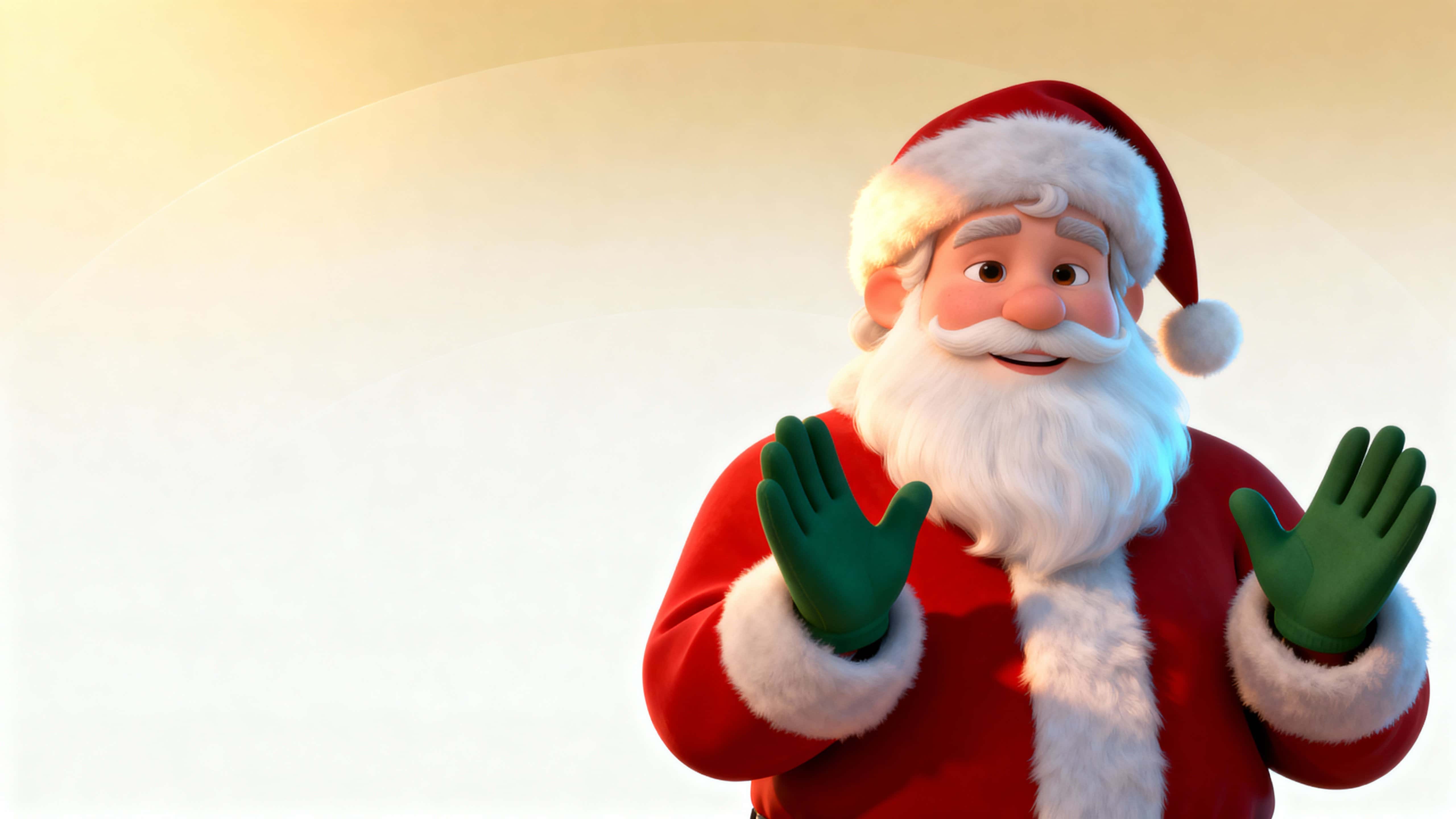 A polished 3D-style mid-torso portrait of Santa, slightly right of center, with open calming palms and direct, empathetic gaze against a warm cream-to-golden background.