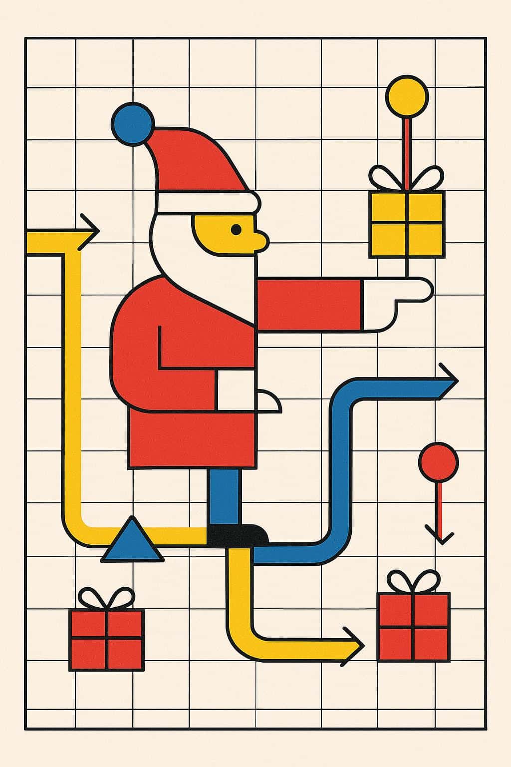 Santa represented as simplified circles and rectangles linked by thin black lines on a precise grid, a bold red coat block intersecting yellow and blue route shapes with arrows and geometric icons radiating outward.