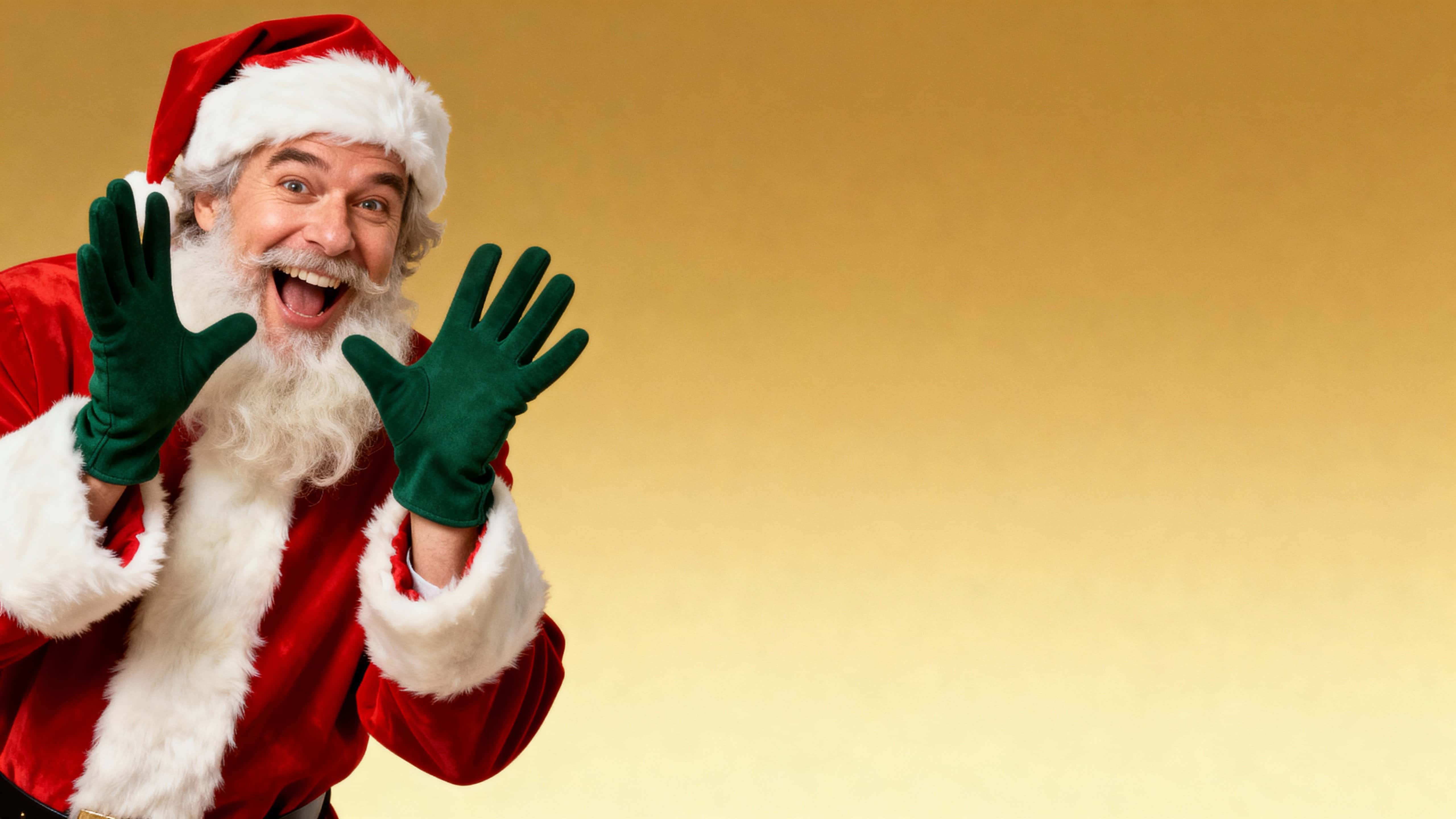 Editorial-style holiday portrait of Santa from chest up at the left, mid-laugh with hands raised in a ta-da gesture against a smooth golden gradient that provides ample copy space.