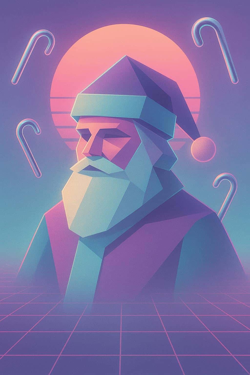 Geometric vaporwave portrait of Santa formed from flat triangles and circles with pastel mauve and teal planes, a sunset disk halo behind his head, floating chrome candy-canes and a receding grid floor in a 2:3 portrait crop.