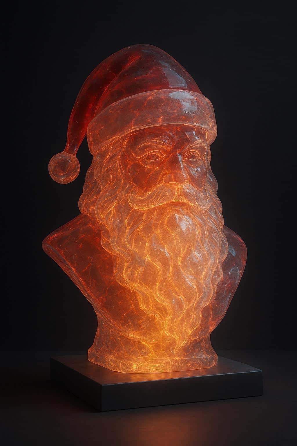 A 3D liquid-glass bust of Santa, hat and beard fused into a translucent deep-red and frosted-white form with warm internal veins glowing against a charcoal matte background.