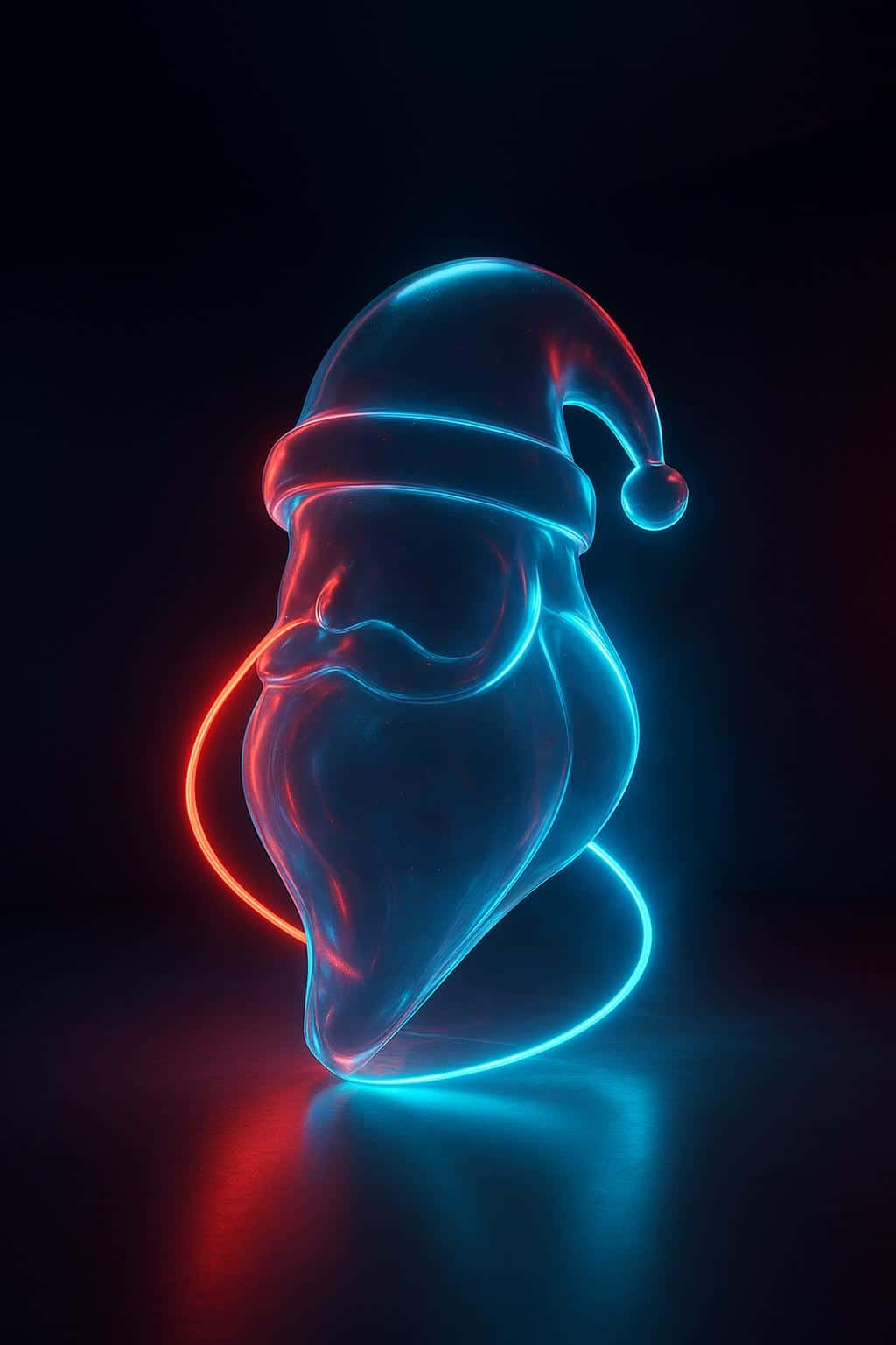 A smooth translucent 3D glass sculpture of Santa’s silhouette with hat and beard fused, wrapped and pierced by vivid red and icy blue neon tubes in a dark gallery, refracting glowing streaks and soft color pools on a matte floor with subtle
