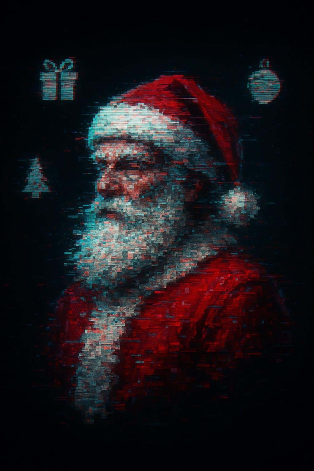 Three-quarter-view digital bust of Santa rendered as glitch art, red coat and fluffy white beard fractured into pixel shards with cyan and magenta channel ghosts against a deep midnight backdrop.
