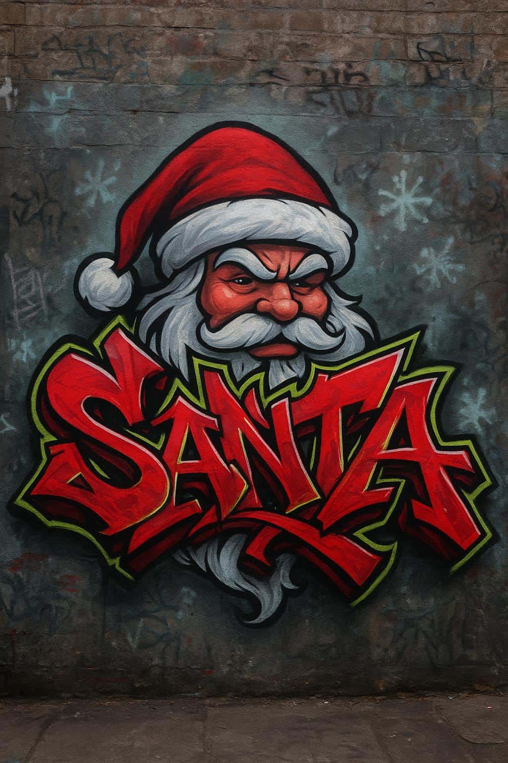 A large urban alley mural of Santa with wildstyle letters woven into his hat and beard, chrome outlines, intense red and neon-lime highlights, paint drips, misty gradients, and raw concrete texture.
